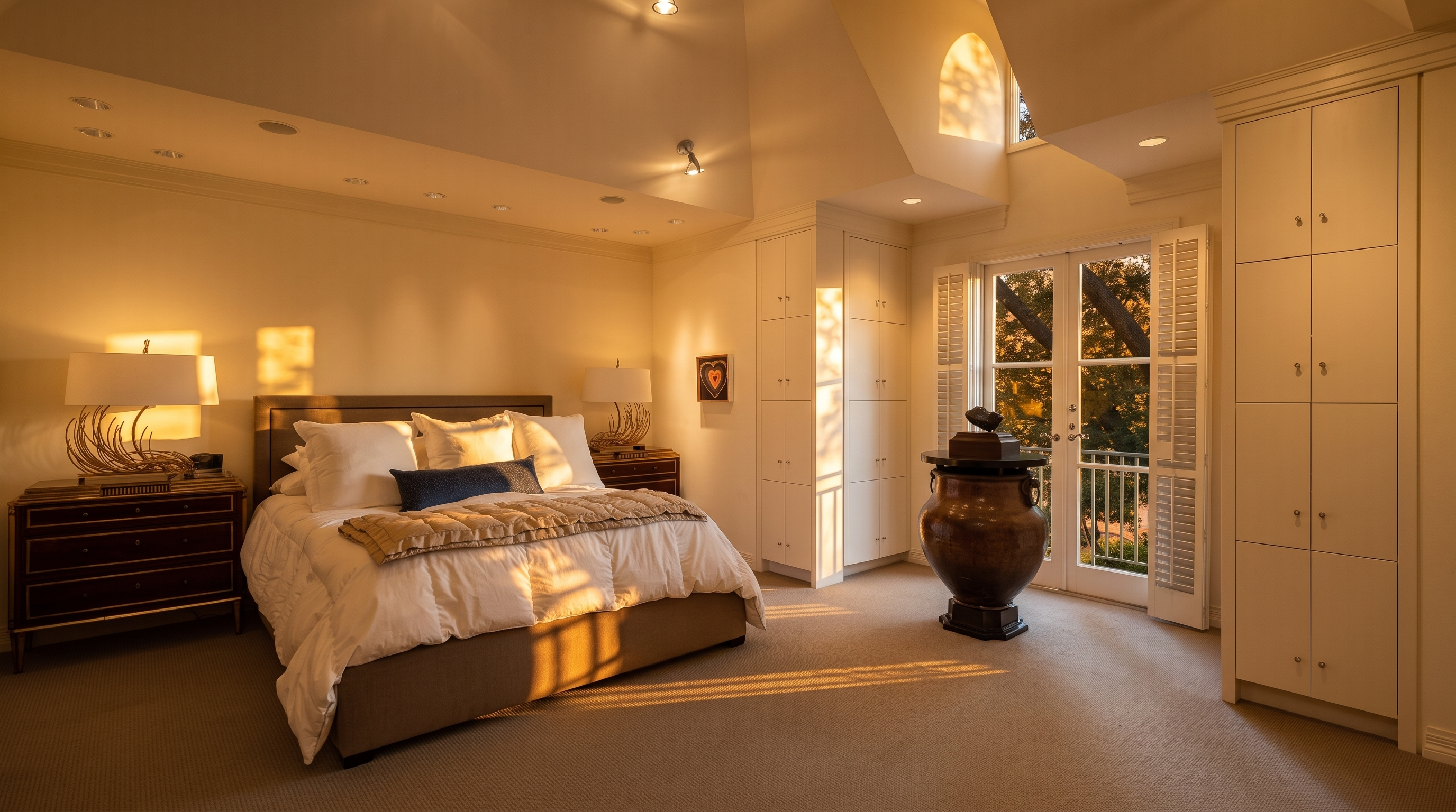 This spacious primary bedroom features a vaulted ceiling and neutral carpeting, creating an airy and sophisticated atmosphere. The room is anchored by a large bed with white bedding and a dark blue accent pillow, flanked by two dark wood nightstands with decorative lamps. A set of French doors with shutters opens to a balcony, while built-in white cabinetry provides ample storage, and a large decorative urn sits prominently in the center of the room.