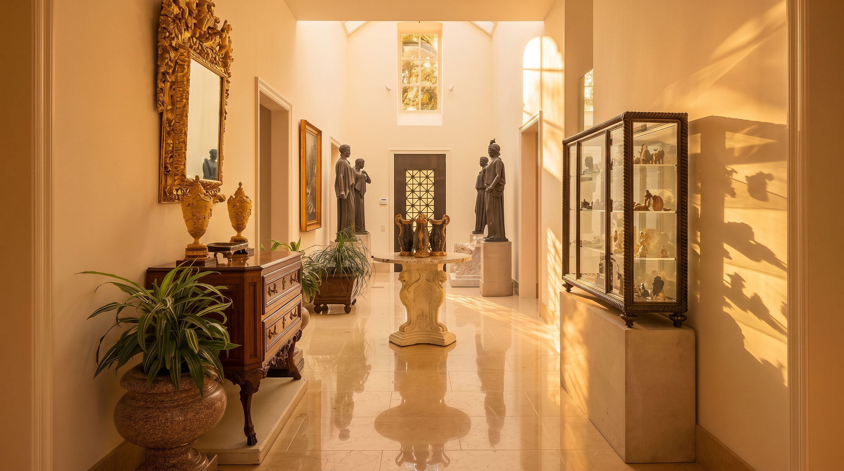 This grand, gallery-style hallway features polished stone flooring and a high ceiling with a central skylight that floods the space with natural light. The corridor is lined with classical-style statues, ornate antique furniture, and a glass display case, creating a sophisticated and museum-like atmosphere. The perspective is a centered, symmetrical shot looking down the length of the hall toward a dark, decorative door at the far end.