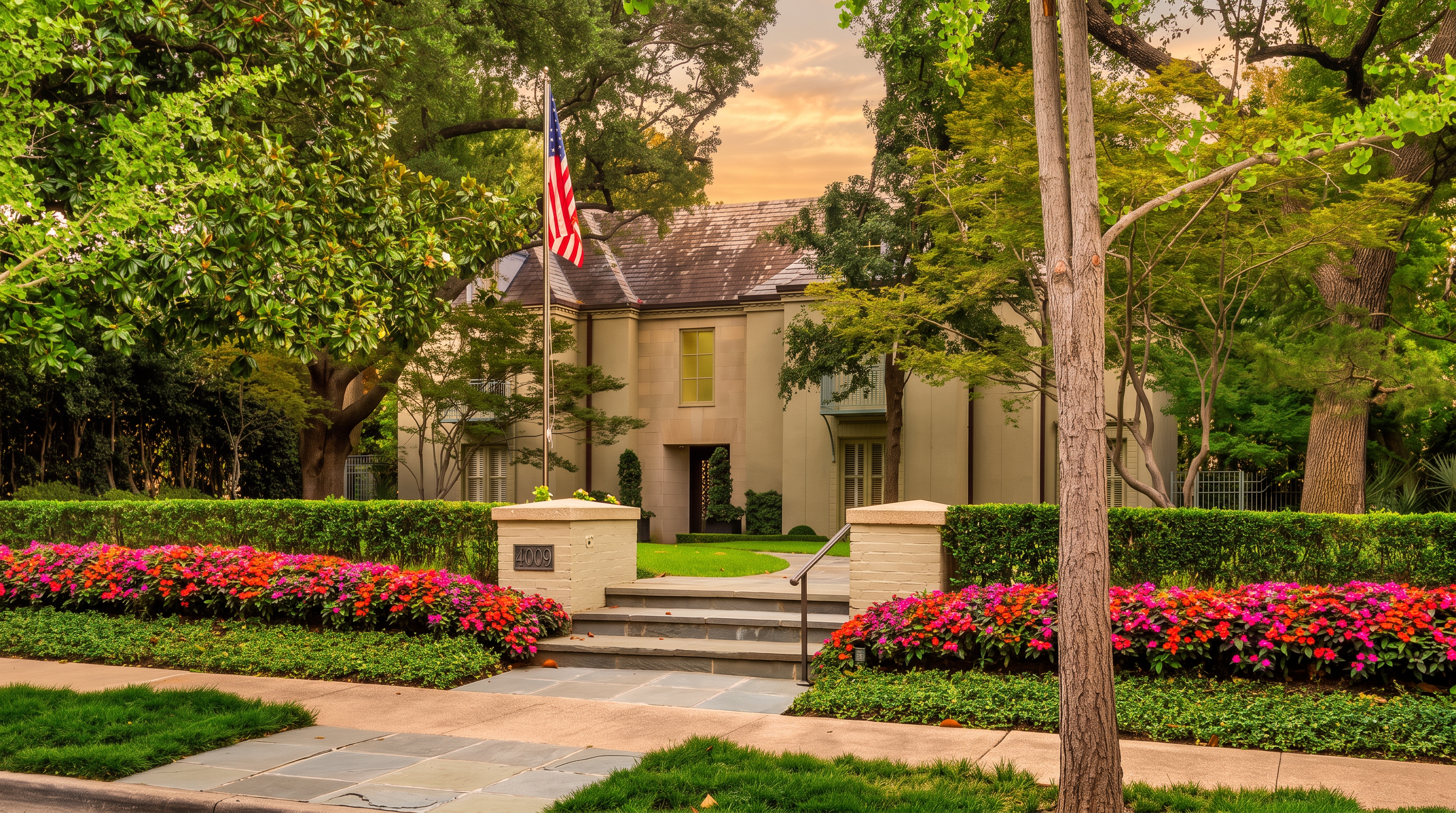 This elegant two-story residence features a light-colored stucco facade and a dark, multi-gabled roof, set back from the street behind a lush, manicured hedge. A stone walkway leads from the sidewalk up a set of steps to the central front entrance, framed by mature trees and vibrant flower beds. The property exudes a classic, stately curb appeal with a well-maintained lawn and a prominent American flag displayed in the front yard.
