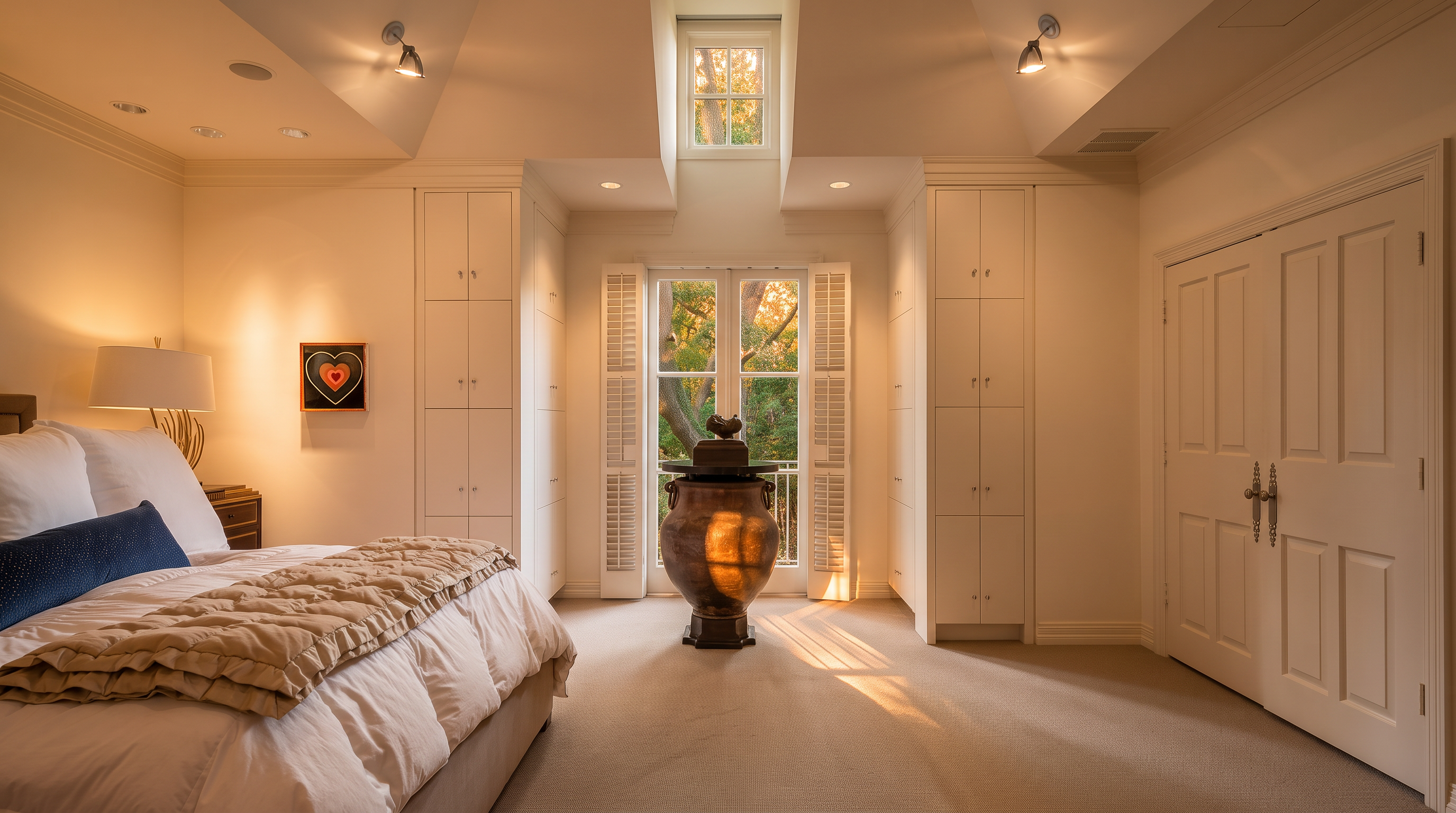 This elegant primary bedroom features a neutral color palette, plush carpeting, and symmetrical built-in cabinetry flanking a central doorway. A large, dark decorative urn sits prominently in the center of the room, leading the eye toward the glass-paned doors that open to a balcony with lush greenery visible outside. The vaulted ceiling, accented by recessed lighting and a small clerestory window, enhances the airy and sophisticated atmosphere of the space.