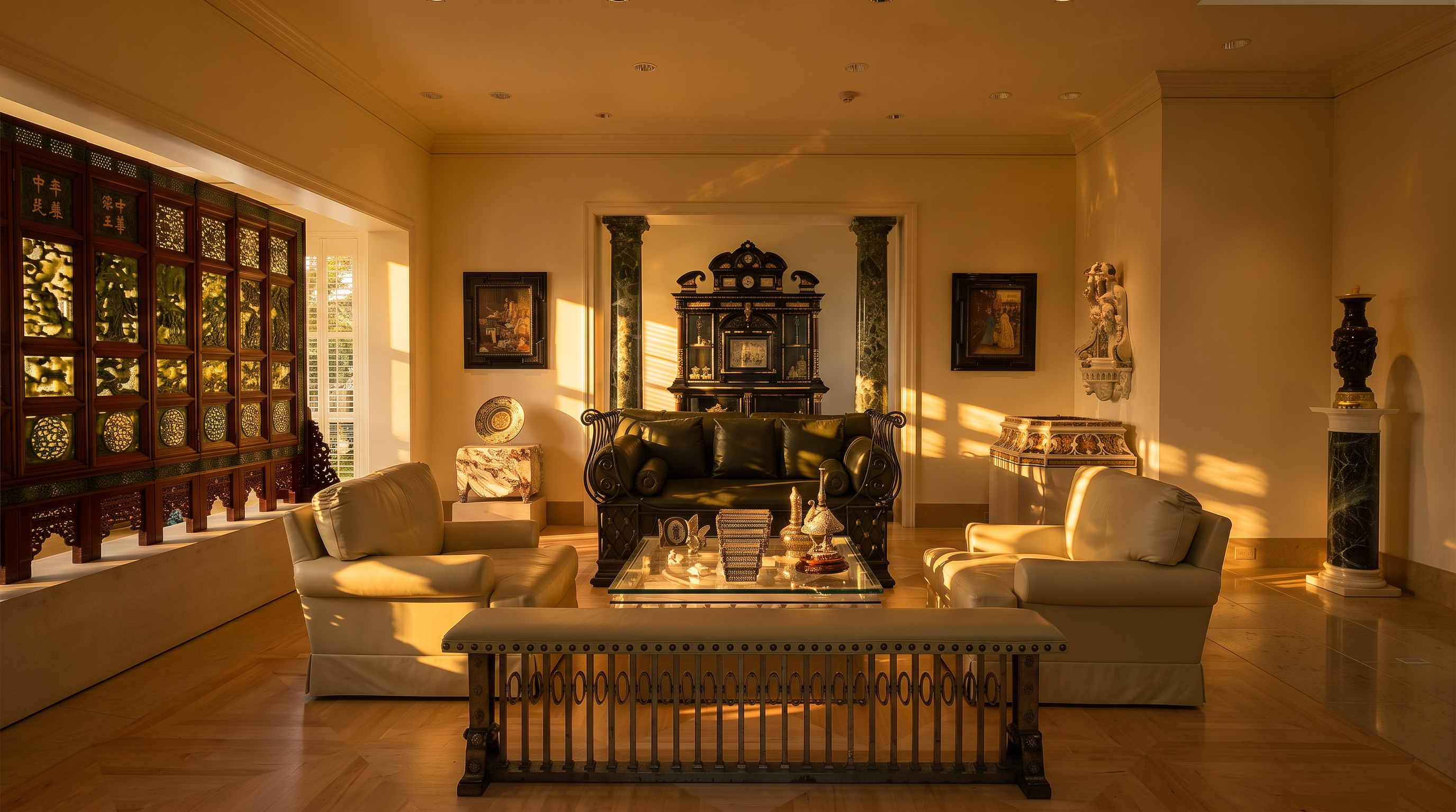 This formal living room showcases an eclectic and sophisticated design, featuring a central seating area with a dark leather sofa, two white armchairs, and a glass-topped coffee table. The space is anchored by a long, decorative metal bench in the foreground and framed by ornate architectural elements, including dark wood paneling on the left and a grand cabinet set between two marble-clad columns. The room is decorated with fine art, sculptures, and decorative objects, creating a gallery-like atmosphere with a neutral color palette and light wood flooring.