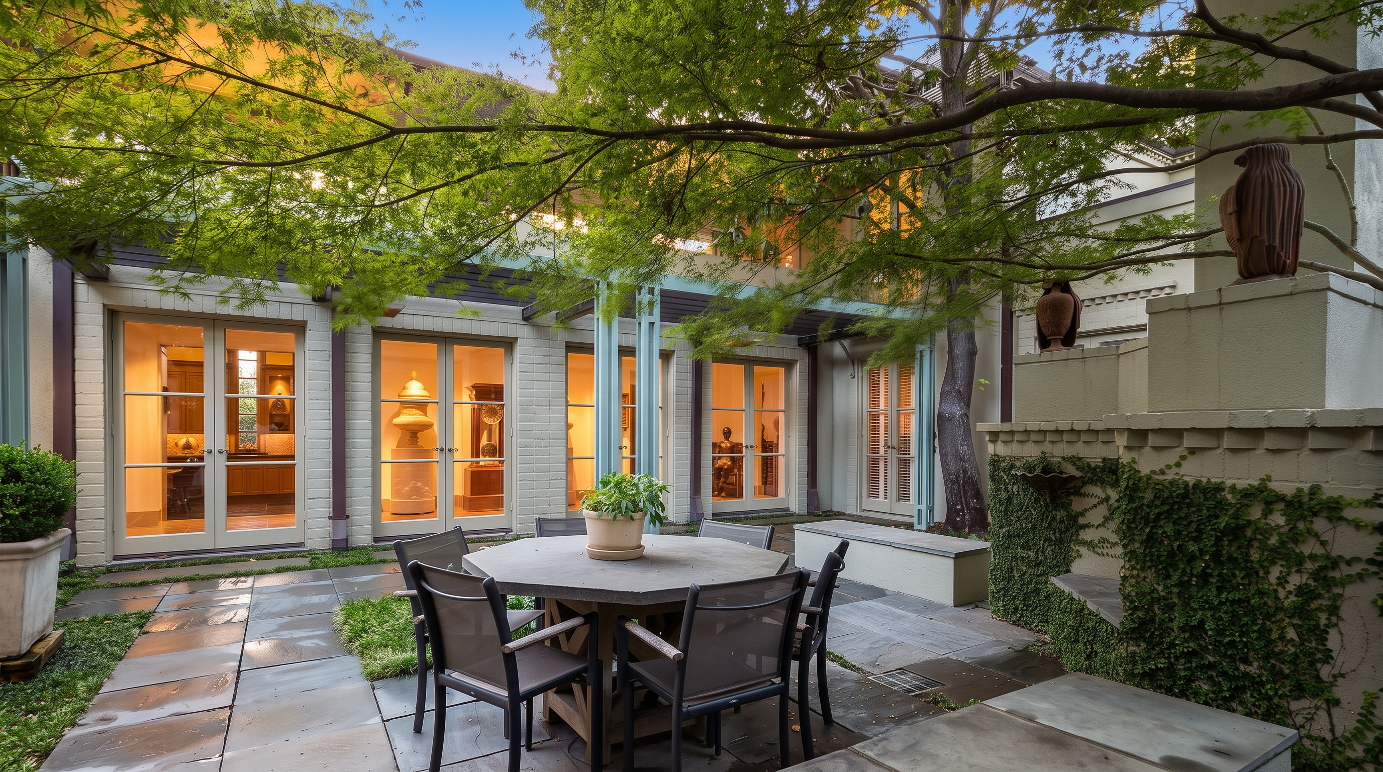 This serene outdoor patio features a stone-paved dining area centered around a round table with matching chairs, shaded by a mature tree. The space is framed by a light-colored brick exterior with multiple sets of glass-paned doors that provide a seamless transition to the interior living spaces. A stone-clad chimney breast with integrated ivy-covered walls and decorative sculptures adds a sophisticated, architectural touch to this private courtyard setting.