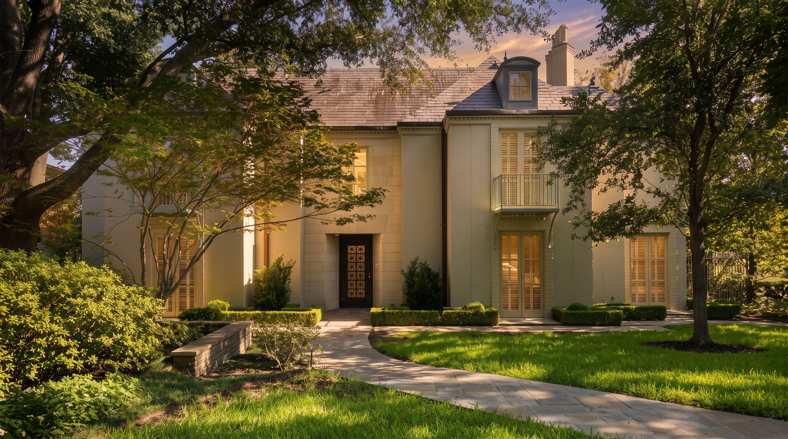 This elegant, multi-story residence features a sophisticated facade with a mix of light-colored stone and smooth stucco finishes. A stone pathway leads through a manicured lawn toward the central entryway, which is framed by mature trees and lush landscaping. The home showcases classic architectural details, including a slate roof, a small balcony with iron railings, and symmetrical window placements that create a stately and inviting curb appeal.
