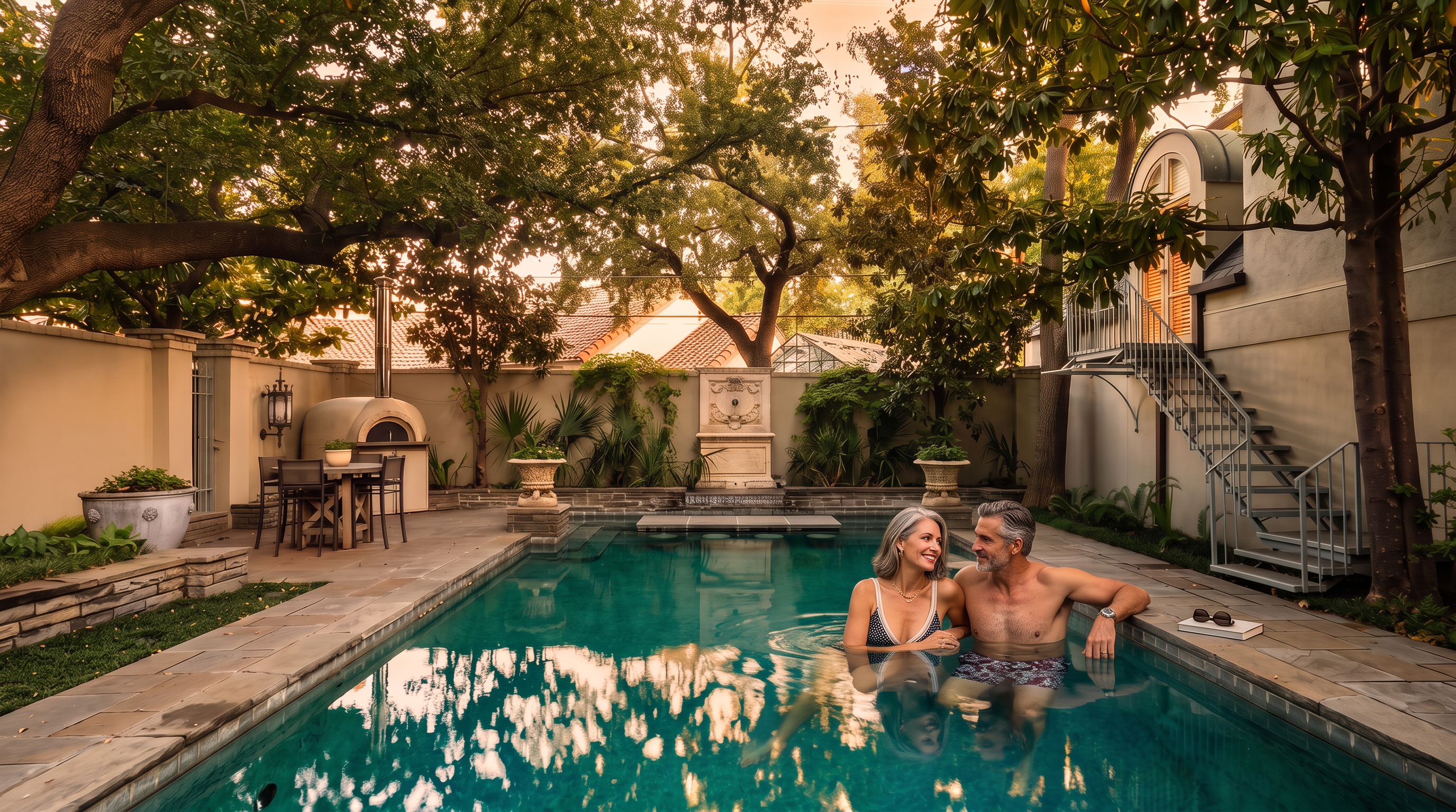 This serene backyard oasis features a rectangular swimming pool as the central focal point, surrounded by stone decking and lush, mature trees. The space includes a built-in outdoor pizza oven, a dining area, and a decorative stone fountain at the far end of the pool. A metal staircase attached to the side of the house provides access to an upper level, enhancing the private, resort-like atmosphere of the garden.