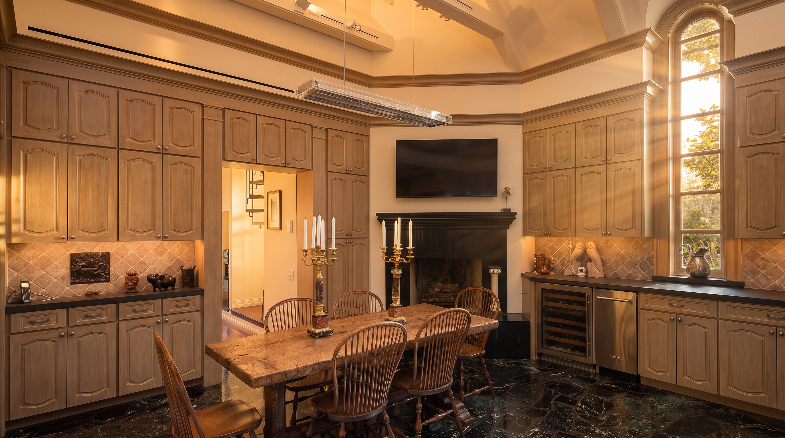 This elegant dining room features a rustic wooden table surrounded by spindle-back chairs, set against a backdrop of light wood cabinetry and a dark stone fireplace. The room is anchored by a striking dark, patterned stone floor and illuminated by a modern linear light fixture suspended from the vaulted ceiling. A tall, arched window on the right allows natural light to fill the space, while a wine cooler and built-in storage provide functional convenience.