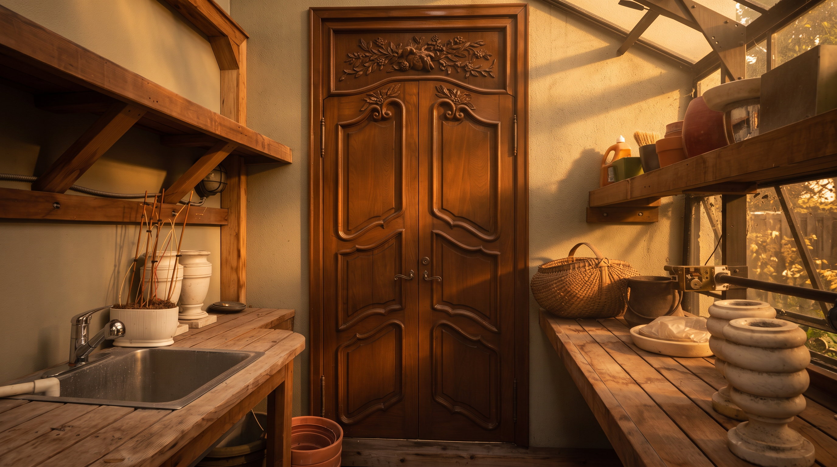 This charming conservatory or potting shed features a central set of ornate, carved wooden double doors that serve as a focal point. The space is equipped with rustic wooden workbenches, a stainless steel sink, and various gardening supplies, including terracotta pots and a woven basket. The room is enclosed by glass panels and light-colored walls, creating a bright and functional workspace for indoor gardening.