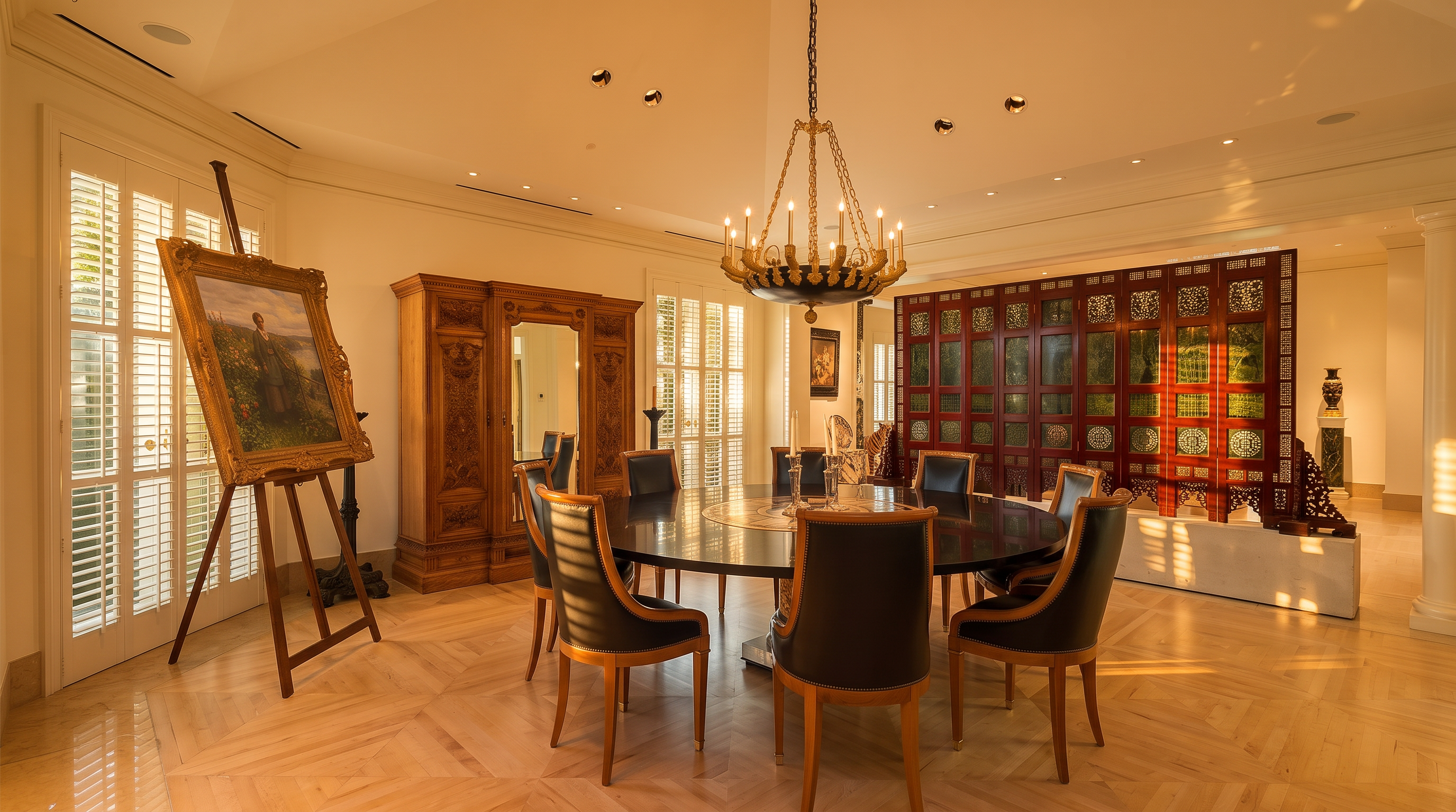 This elegant dining room features a large, dark circular table surrounded by upholstered chairs, set beneath a prominent, multi-tiered chandelier. The space is adorned with a large painting on an easel, a decorative wooden cabinet, and a striking, ornate red and black room divider. The room is finished with light-toned wood flooring arranged in a herringbone pattern and tall windows covered by white shutters.