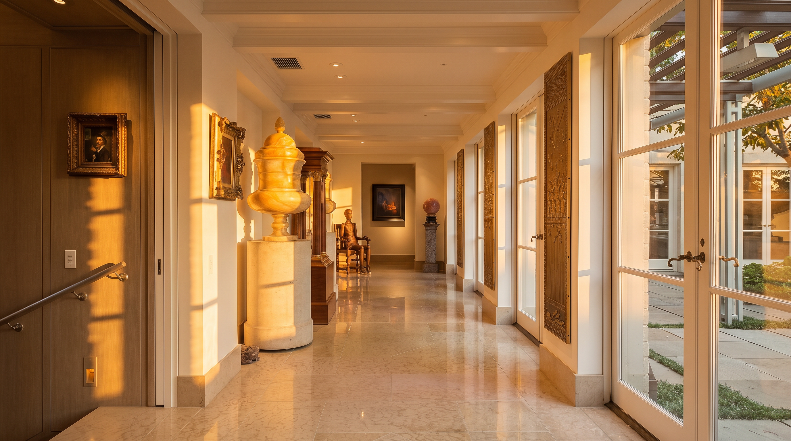 This elegant, light-filled hallway features polished stone flooring and a series of tall glass doors that provide a seamless connection to the outdoor space. The corridor is adorned with curated art pieces, a large decorative urn on a pedestal, and a classic wooden chair, creating a sophisticated gallery-like atmosphere. The perspective is centered, drawing the eye down the length of the hall toward a framed painting at the far end.