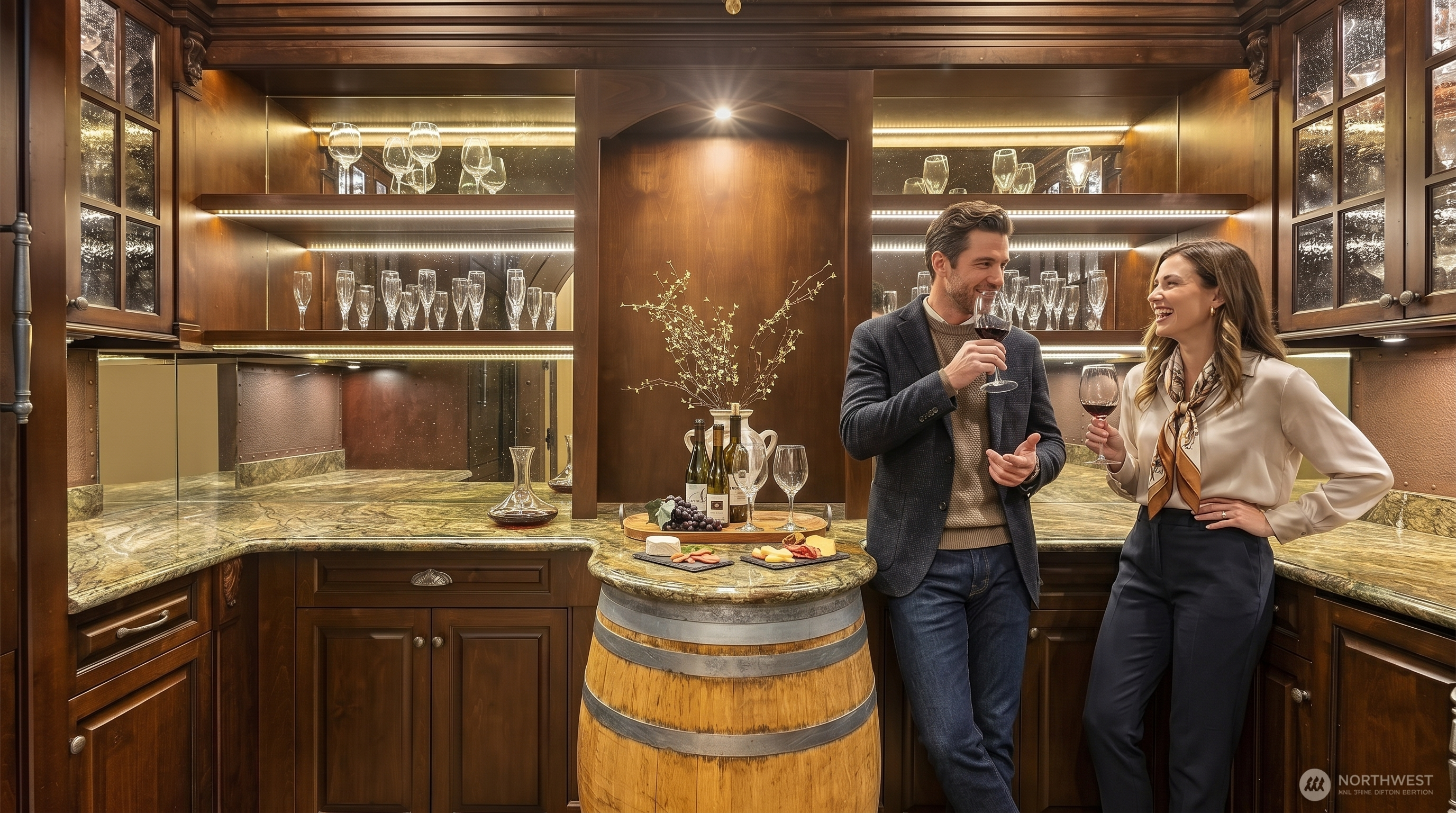 This sophisticated home bar area features rich, dark wood cabinetry with integrated LED lighting that highlights rows of elegant glassware. A unique wine barrel serves as a central pedestal for a stone-topped counter, creating a rustic yet refined focal point against the mirrored backsplash. The overall aesthetic is one of luxury and warmth, perfect for entertaining in a high-end residential setting.