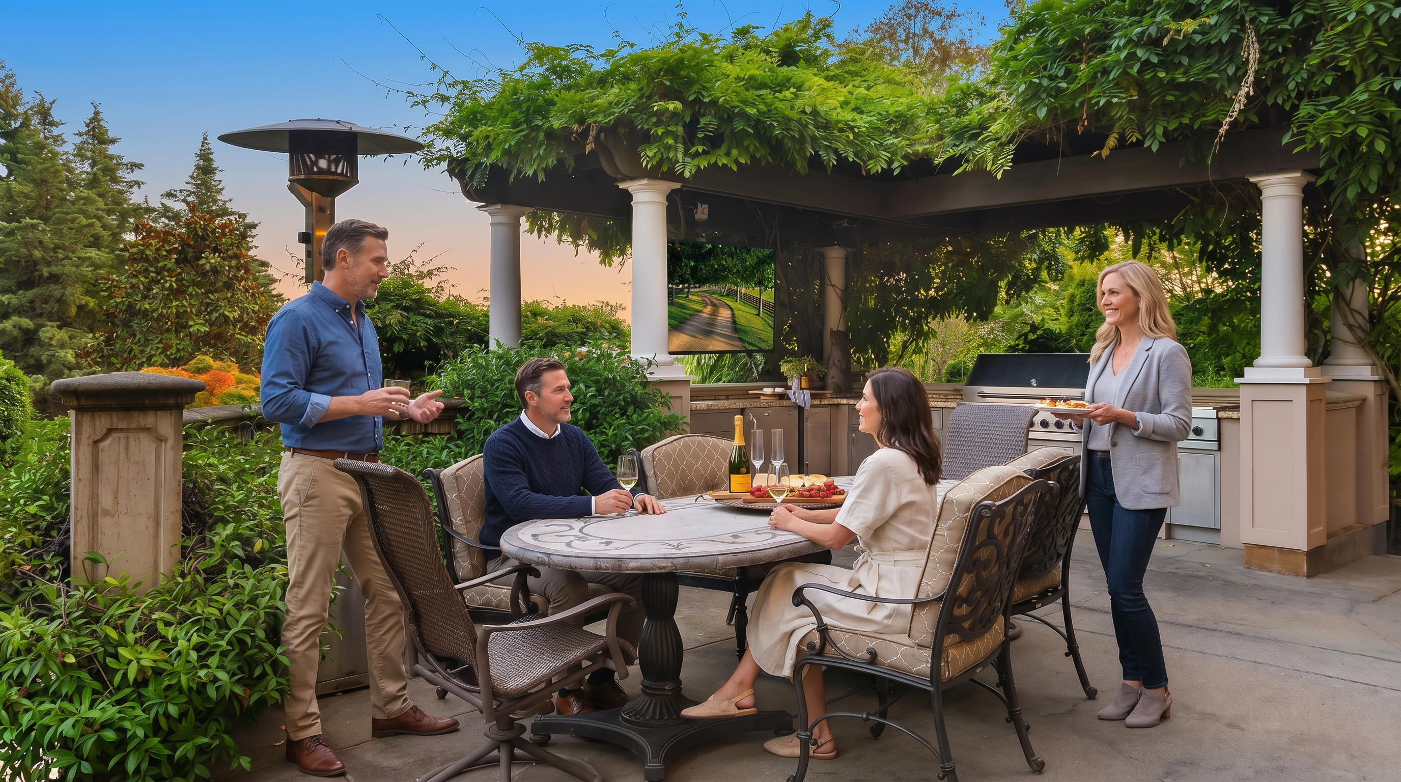This outdoor patio space features a structured pergola with lush climbing greenery and a built-in outdoor kitchen with stainless steel appliances. A group of four adults are gathered around a stone-top dining table, creating an inviting and social atmosphere. The thoughtful layout and integrated television make this an ideal area for high-end outdoor entertaining.