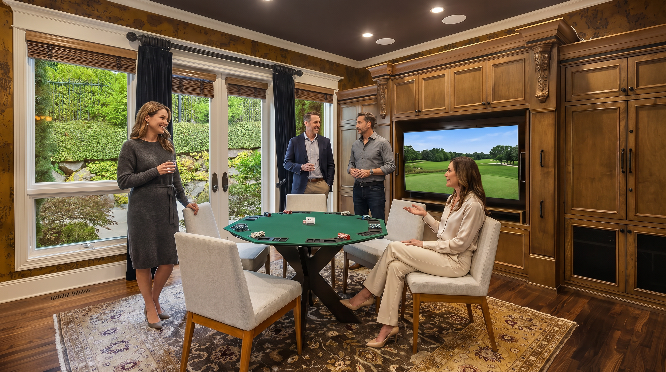 This sophisticated game or lounge room features warm wood-paneled built-ins surrounding a built-in television, paired with a green felt poker table and elegant light-colored seating. The space boasts a large rug over polished hardwood floors and large dual windows that offer a lush view of the professional landscaping outside, creating an inviting and refined atmosphere perfect for entertaining.