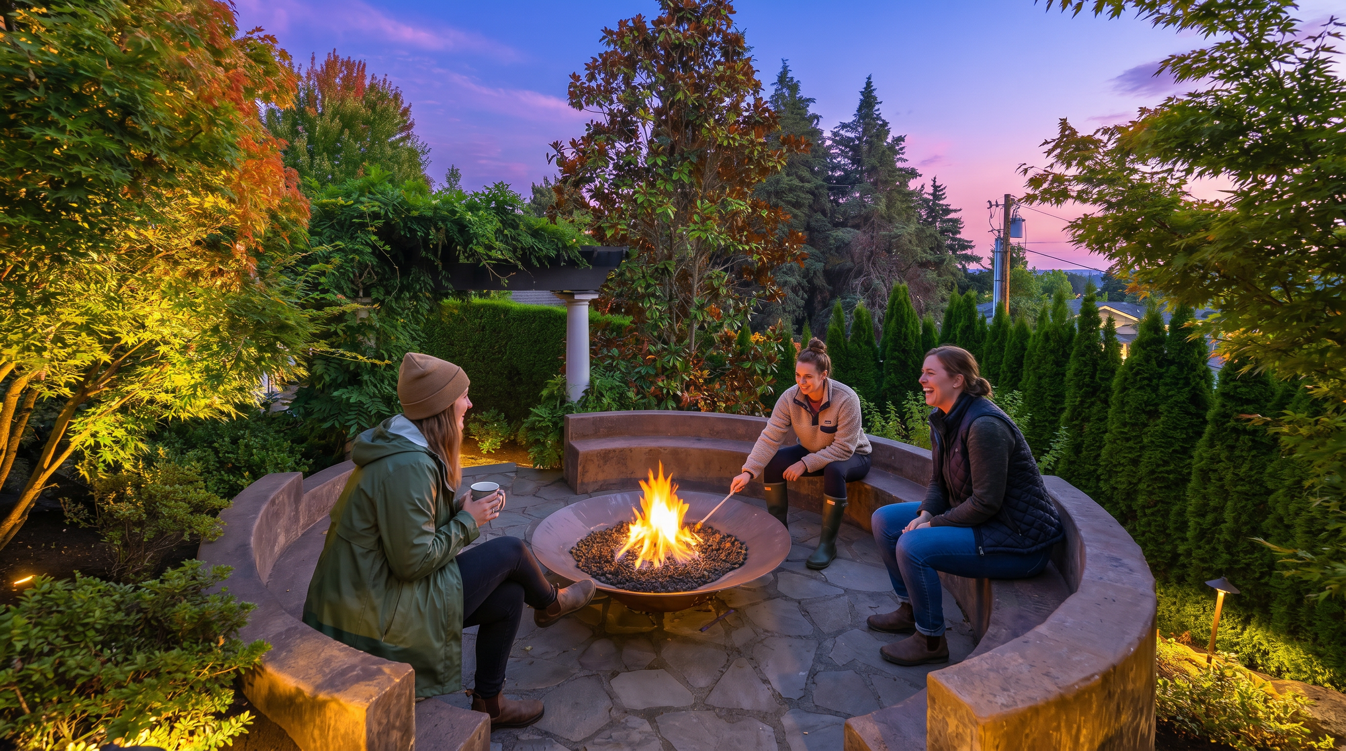 This inviting outdoor living space features a circular stone patio centered around a modern metal fire pit, surrounded by a curved concrete bench for seating. The area is beautifully landscaped with lush trees, shrubs, and a tall hedge, creating a private and serene atmosphere at dusk. The warm glow from the fire and landscape lighting provides a cozy, cinematic ambiance perfect for evening relaxation.