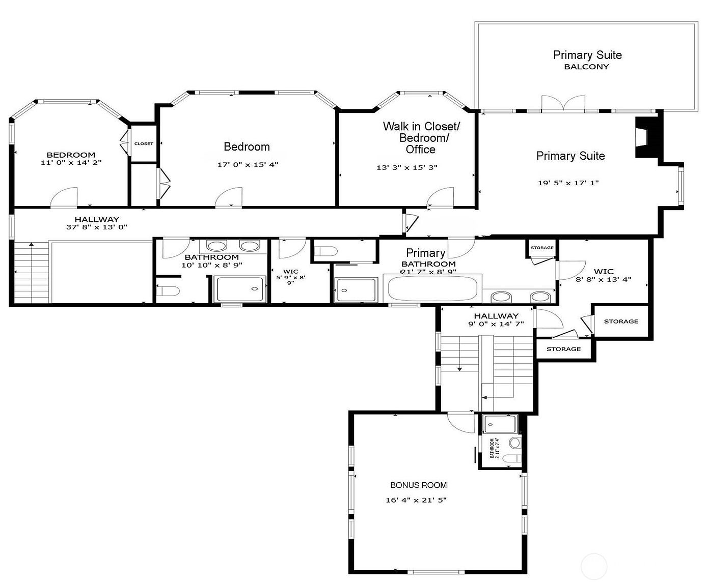 This image is a detailed 2D floor plan of a residential home's upper level, showcasing the layout of multiple bedrooms, bathrooms, a bonus room, and various storage areas. The schematic provides a clear top-down perspective, highlighting the spatial relationships between the primary suite, secondary bedrooms, and the central hallway. It serves as a technical architectural document intended to help potential buyers understand the flow and dimensions of the living space.