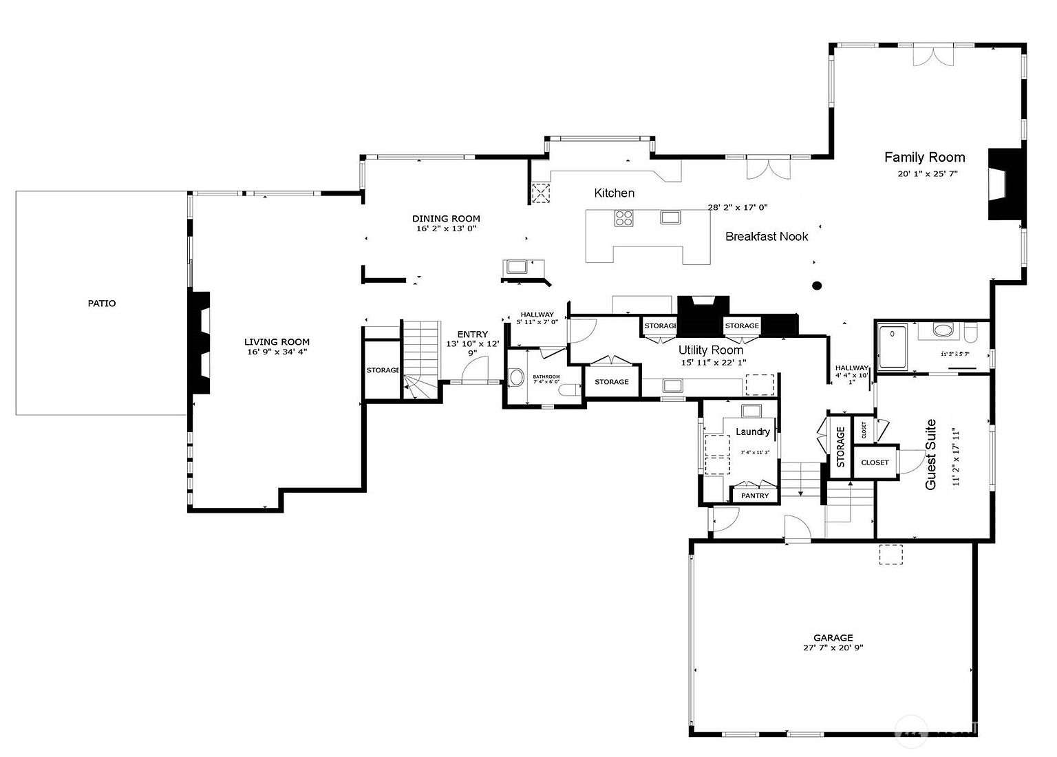 This image is a detailed 2D architectural floor plan of a spacious single-story residential home. The layout features an open-concept design connecting a large living room, dining room, kitchen, and family room, alongside a dedicated guest suite, utility room, and a two-car garage. The perspective is a top-down technical drawing, providing a clear overview of the home's spatial flow and room dimensions.