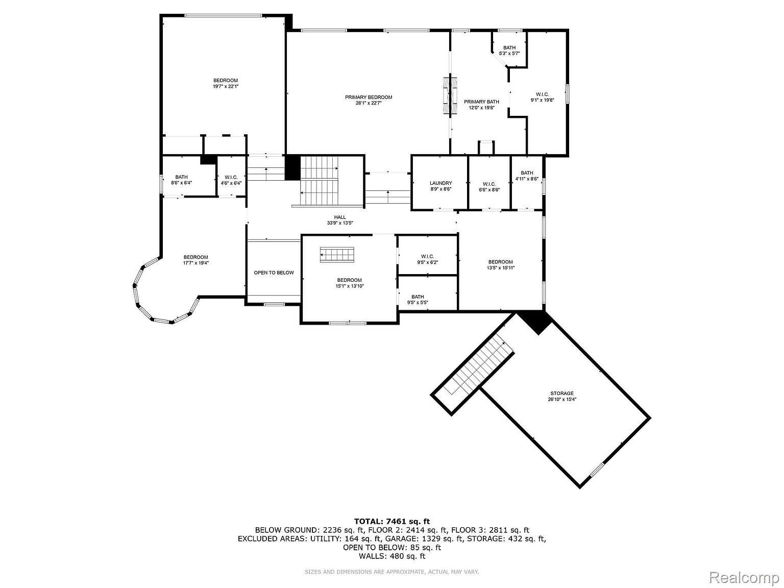 This is a detailed floor plan of a multi-story house, showcasing the layout of rooms on different floors. The plan includes bedrooms, bathrooms, a primary bedroom suite with a walk-in closet, a laundry room, a hall, and a storage area. Dimensions are provided for each room, offering a comprehensive overview of the property's spatial arrangement.