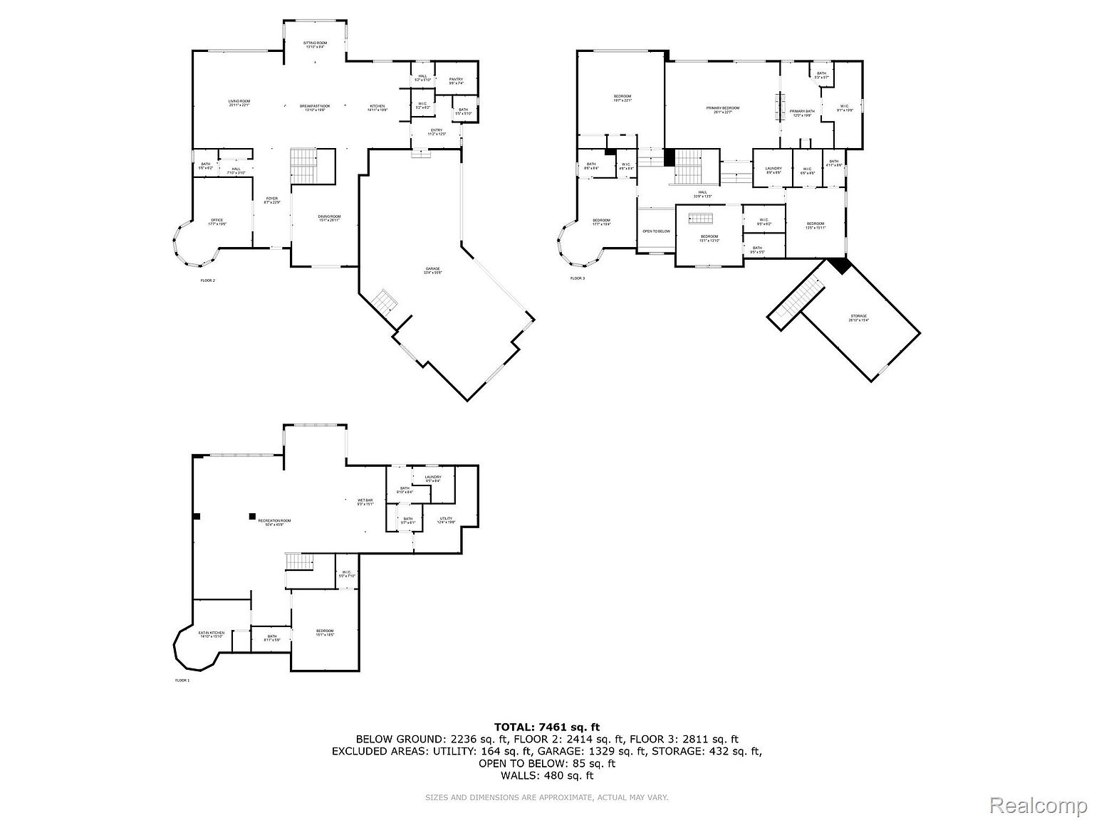 This image showcases a detailed floor plan of a multi-story house, including the below-ground level, floor 2, and floor 3. The plan outlines various rooms such as bedrooms, bathrooms, living areas, kitchen, office, and storage spaces, providing a comprehensive layout of the property's structure and dimensions.