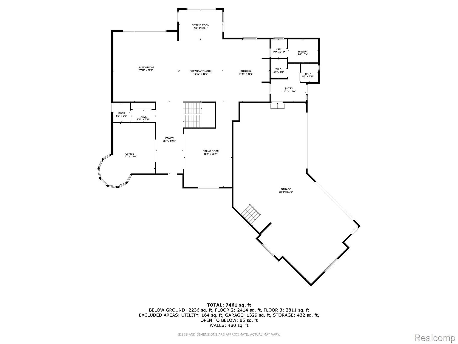 This image showcases a detailed floor plan of a house, outlining the layout of various rooms including the living room, kitchen, dining room, office, bedrooms, and bathrooms. The plan provides dimensions for each room and indicates the total square footage of the property, offering a comprehensive overview of the home's structure and spatial arrangement.