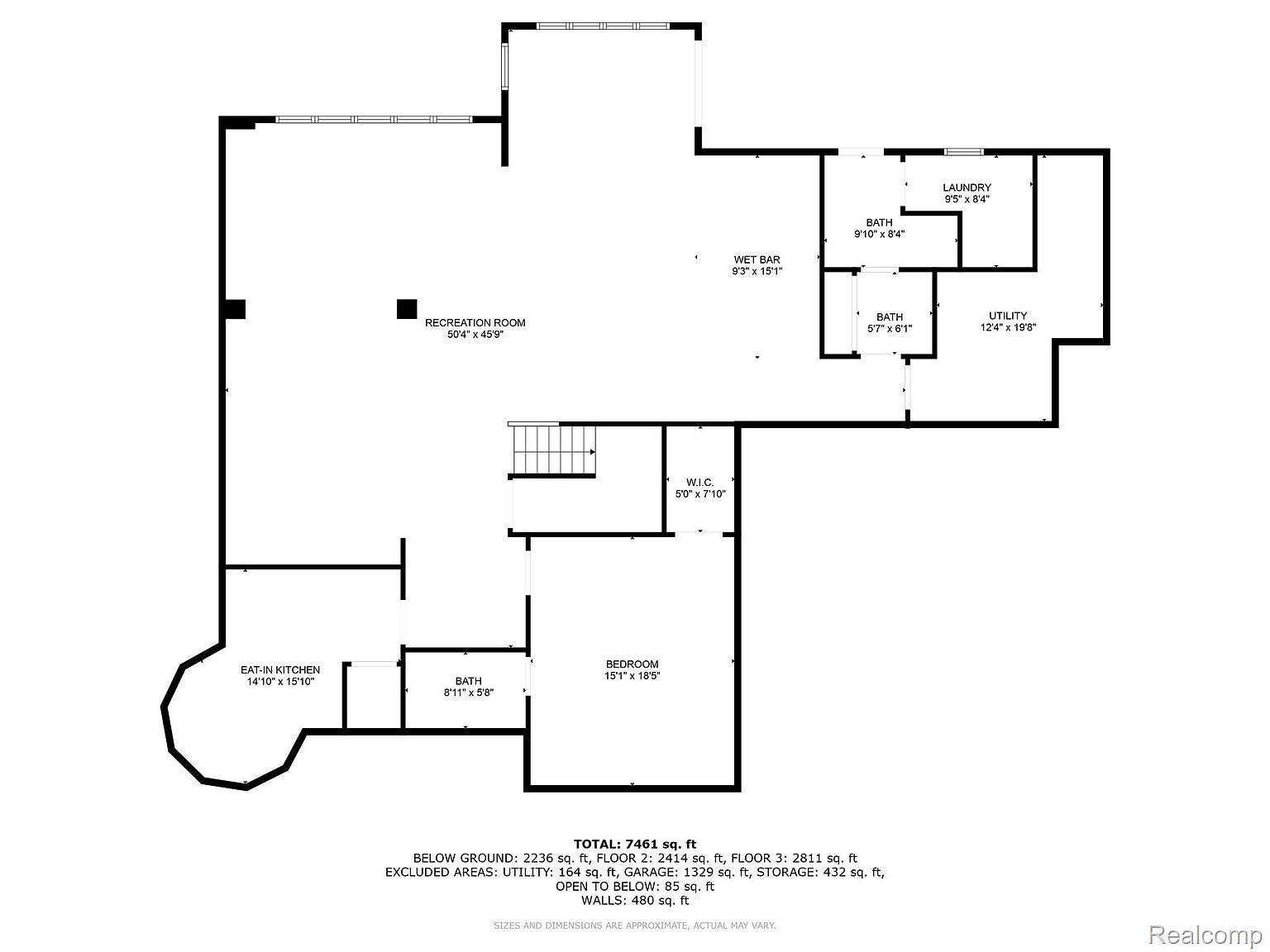 This image showcases a detailed floor plan of a residence, outlining the layout of various rooms including the recreation room, eat-in kitchen, bedrooms, bathrooms, laundry room, and utility area. The plan provides dimensions for each space, offering a comprehensive overview of the property's interior structure and spatial arrangement. The total area is 7461 sq. ft.