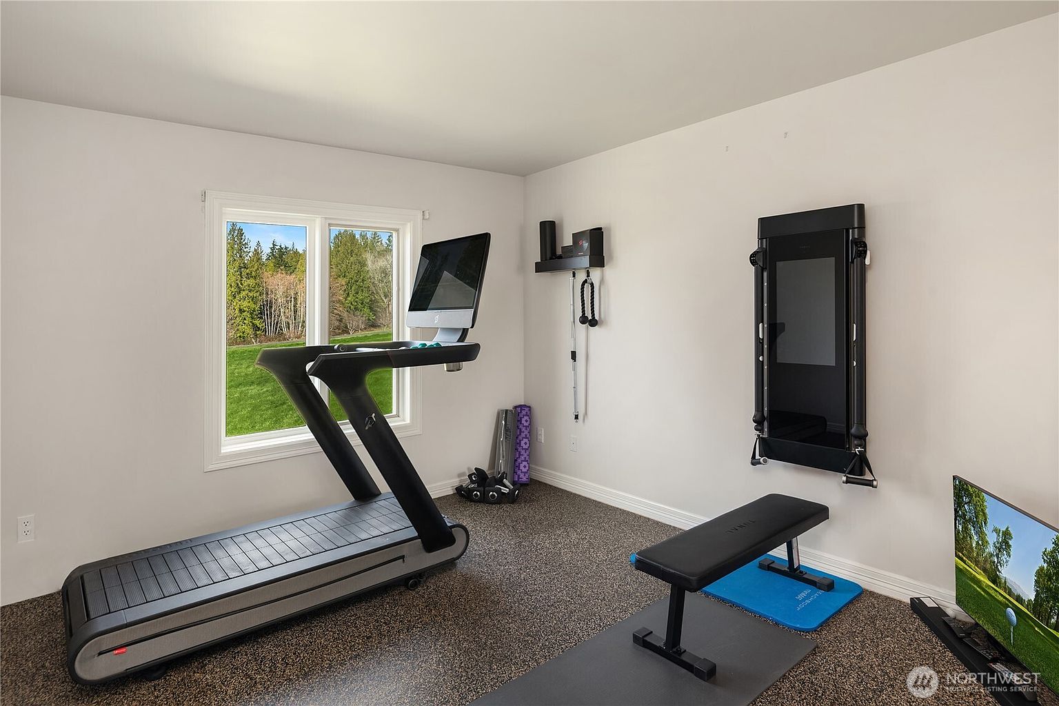 This is an interior shot of a home gym featuring a treadmill with a built-in screen positioned near a window offering a view of greenery. The room also includes a wall-mounted workout system, a weight bench with a mat, and a television, all set against neutral-colored walls and a speckled floor. The perspective is from a medium distance, showcasing the layout and equipment within the space.