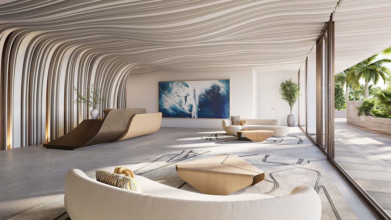 This is a spacious and modern living room featuring a unique ceiling design with wave-like patterns. The room is furnished with contemporary furniture, including a curved sofa, a geometric coffee table, and a large abstract painting on the wall. Large glass doors provide access to an outdoor area, creating a seamless indoor-outdoor living experience.