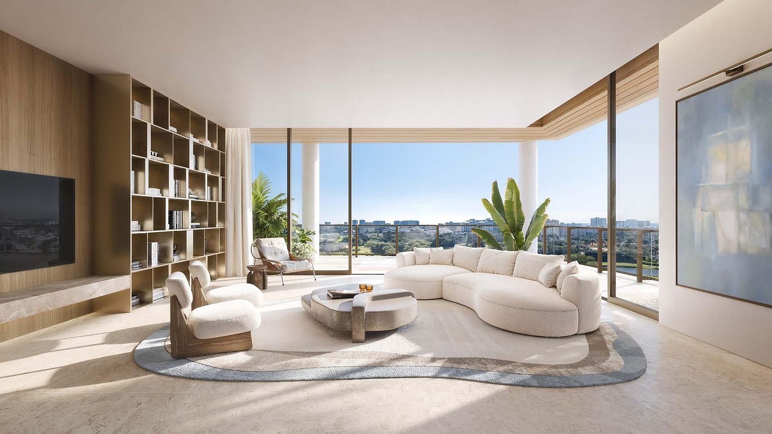 This is a luxurious living room featuring a curved white sofa, two modern armchairs, and a unique coffee table on a patterned rug. Floor-to-ceiling windows offer panoramic views of the city and sky, while a built-in bookshelf and a large abstract painting add to the room's sophisticated ambiance. The space is bright, airy, and designed for comfortable, upscale living.