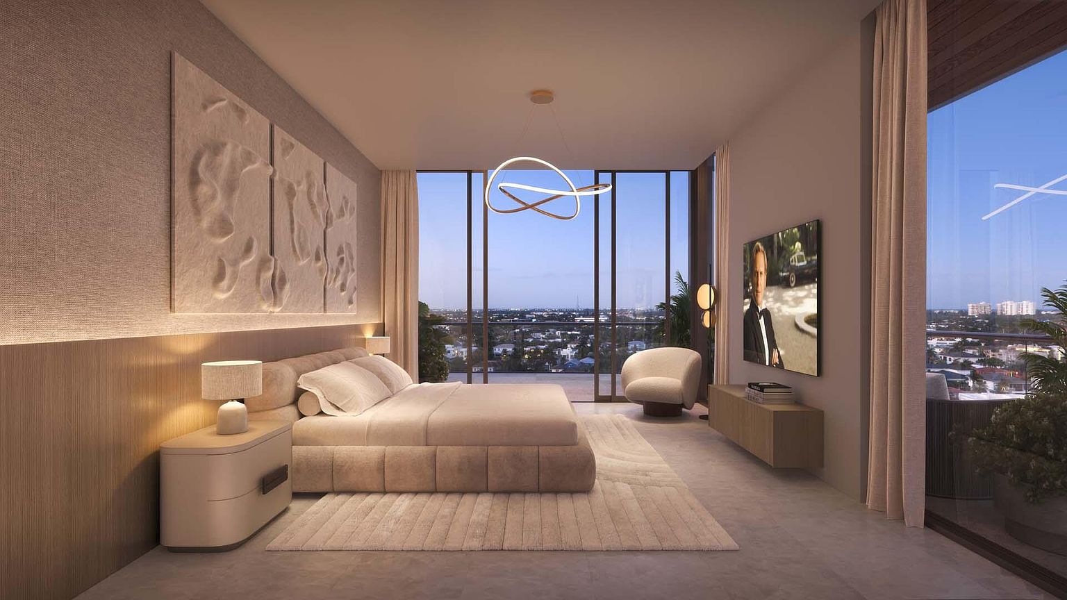 This is a luxurious primary bedroom featuring a king-size bed with a plush headboard and neutral-toned bedding. The room boasts floor-to-ceiling windows offering panoramic city views, complemented by modern lighting fixtures and minimalist decor. A textured wall art piece adds depth, while a comfortable armchair and sleek media console enhance the room's functionality and style.