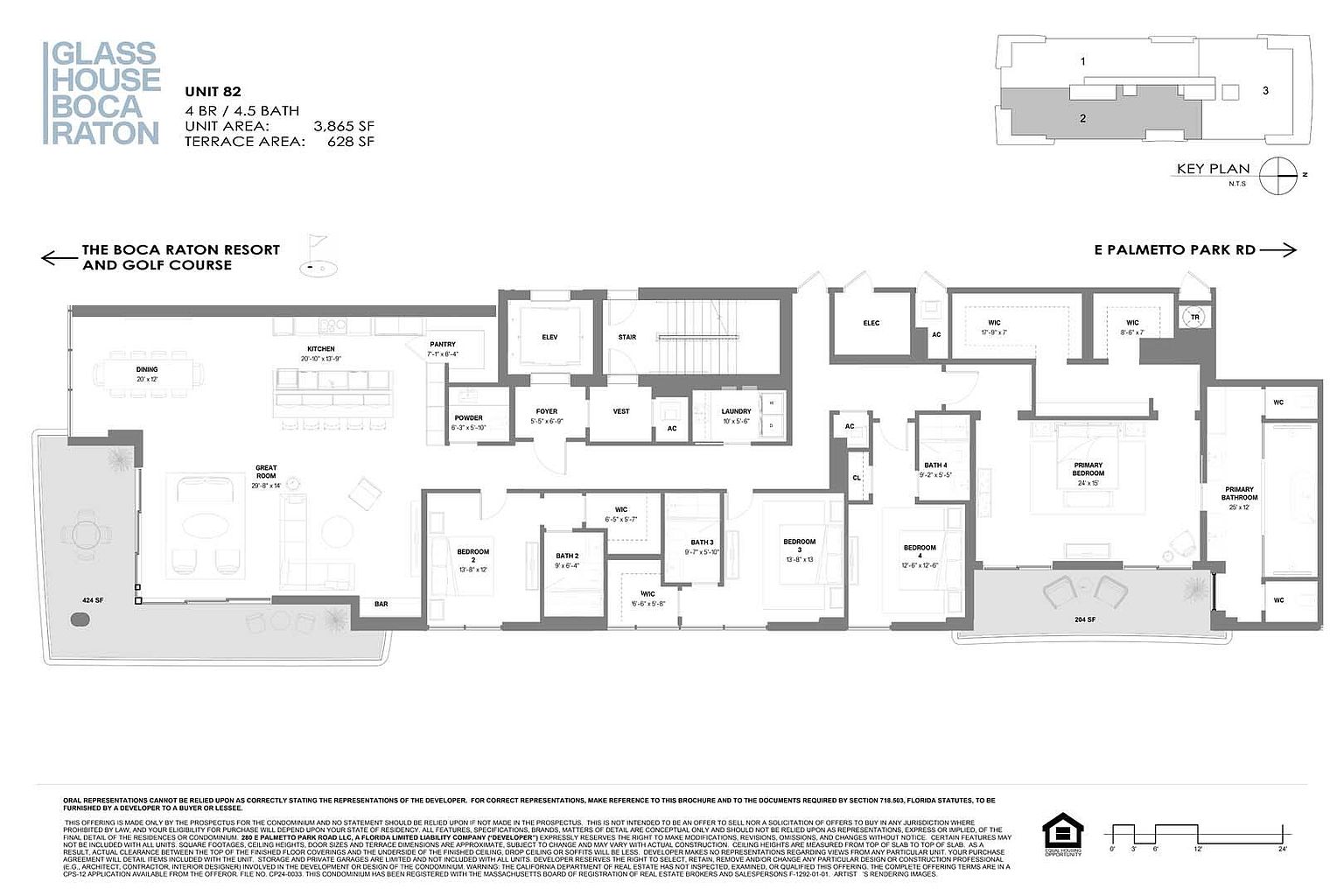 This image showcases a detailed floor plan for Unit 82 in Glass House Boca Raton, a 4-bedroom, 4.5-bathroom residence with a total unit area of 3,865 square feet and a terrace area of 628 square feet. The layout includes a spacious great room, a modern kitchen, a dining area, and multiple bedrooms with ensuite bathrooms and walk-in closets, offering a comprehensive view of the property's design and spatial arrangement. The floor plan also indicates the location of key amenities such as the elevator, stairs, and laundry room.