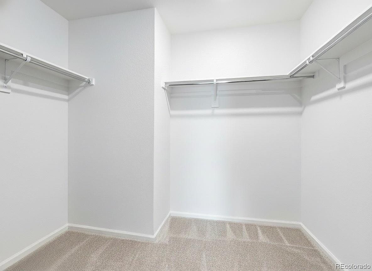 This is a bright, empty walk-in closet with neutral carpet and white walls. The closet features metal rods and shelving for storage. The space appears clean and well-maintained, offering ample room for organization.