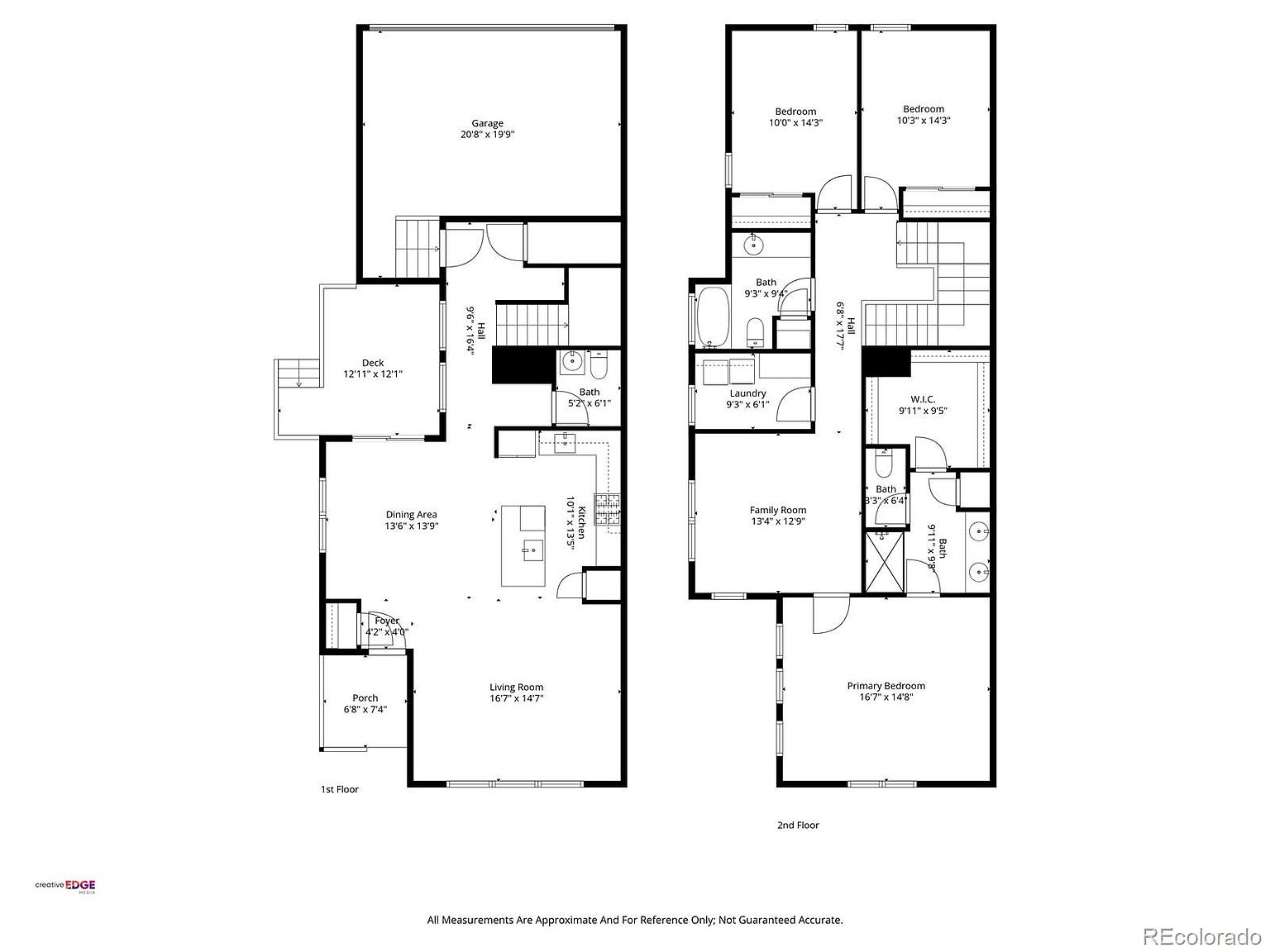 This image showcases a detailed floor plan of a two-story house. The first floor includes a living room, dining area, kitchen, porch, foyer, deck, garage, bath and hall. The second floor features a primary bedroom with an ensuite bathroom and walk-in closet, two additional bedrooms, a laundry room, a family room, a bath and a hall.