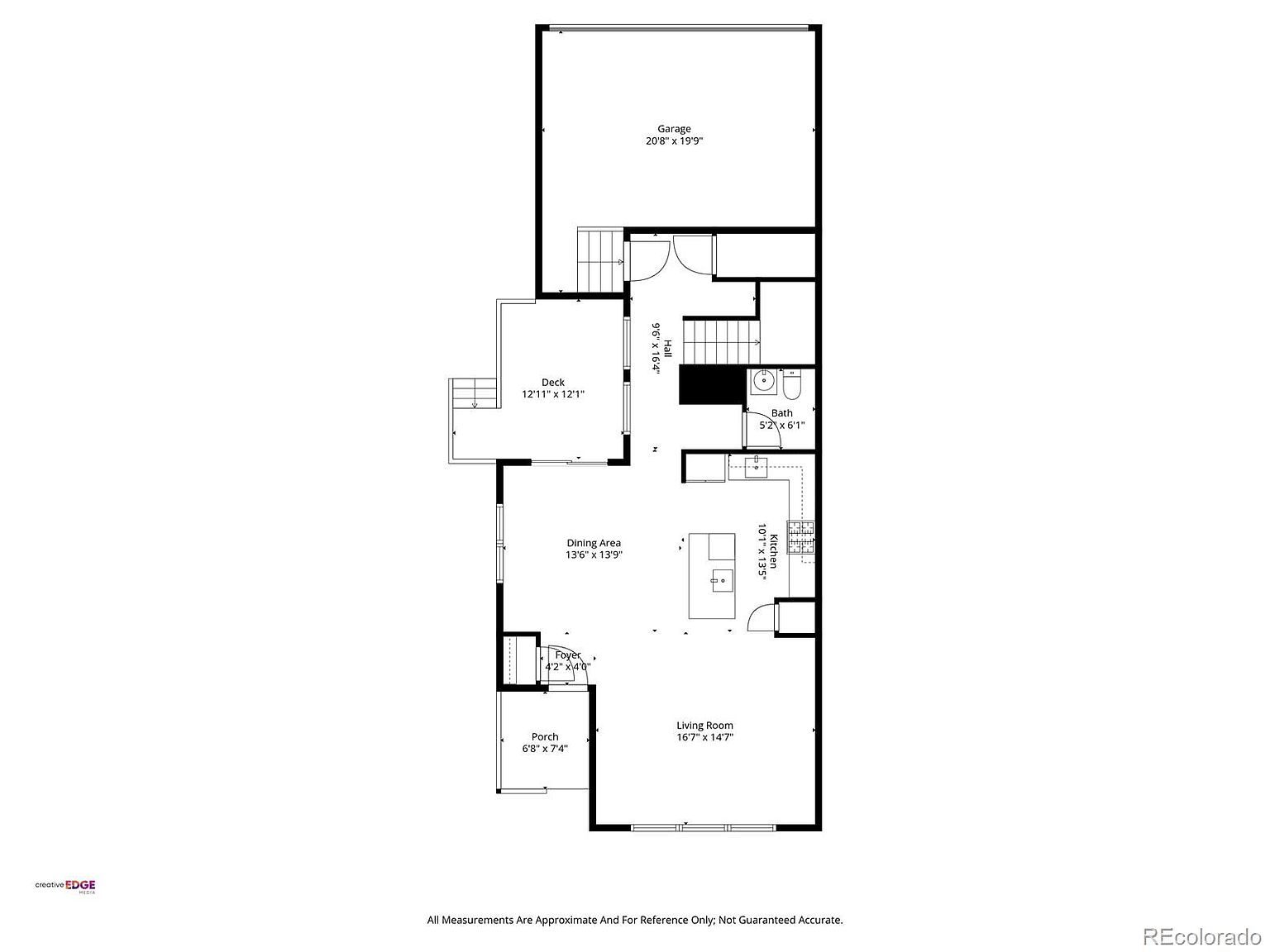 This image is a floor plan of a house, showing the layout of rooms including the living room, dining area, kitchen, bedrooms, bathrooms, and garage. The dimensions of each room are labeled, providing a clear understanding of the space and flow of the house. The floor plan also includes the porch, foyer, deck and hall.