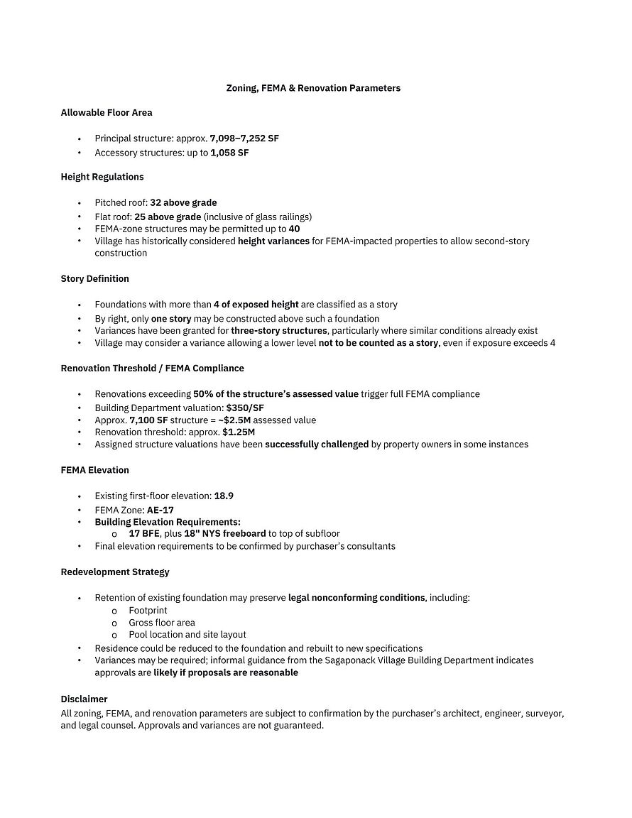 This image is a document titled 'Zoning, FEMA & Renovation Parameters' that outlines technical specifications for a property. It contains structured text detailing allowable floor area, height regulations, story definitions, renovation thresholds, FEMA elevation requirements, and redevelopment strategies. The document serves as a reference guide for potential buyers or developers interested in the property's regulatory constraints.