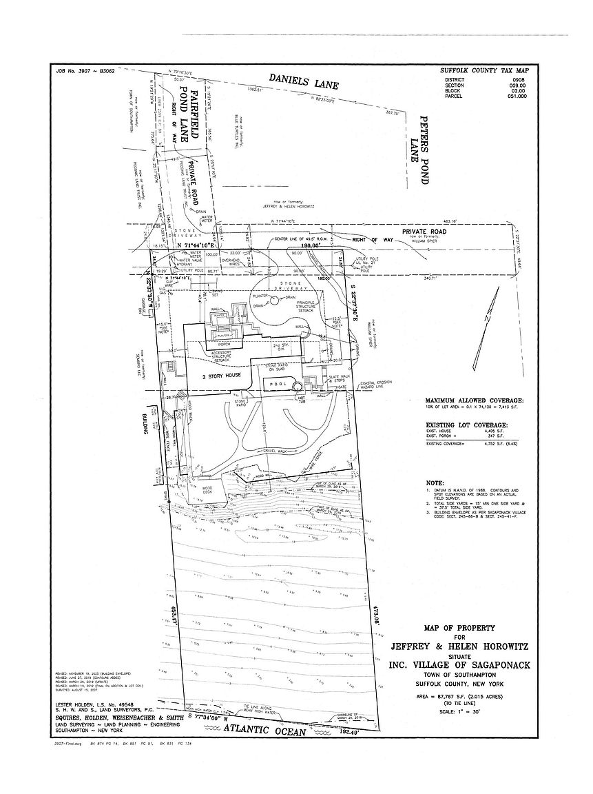 This image is a detailed land survey map for a property located in the Village of Sagaponack, New York. It illustrates the lot boundaries, the footprint of the two-story house, pool, and various walkways, along with topographical information and property dimensions. The document provides a technical overview of the site layout, including setbacks, easements, and proximity to the Atlantic Ocean.