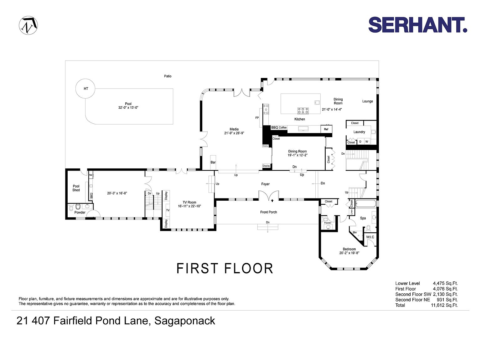This image is a detailed architectural floor plan for the first level of a luxury residence located at 21 407 Fairfield Pond Lane in Sagaponack. The layout illustrates a spacious, open-concept design featuring a large kitchen, multiple dining areas, a media room, a TV room, and a primary bedroom suite with a private spa and walk-in closet. Exterior amenities depicted include a pool, a pool shed, and a front porch, providing a comprehensive overview of the home's expansive footprint and flow.