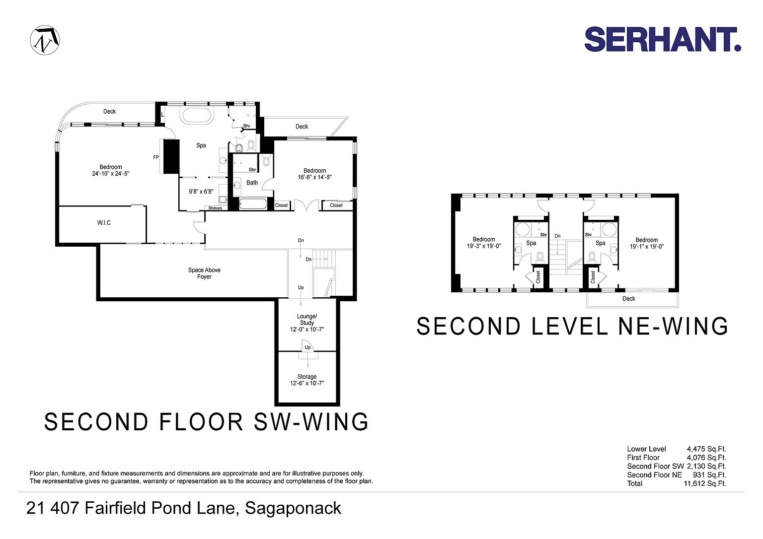 This image displays a detailed architectural floor plan for the second level of a residence, divided into two distinct wings labeled SW-Wing and NE-Wing. The layout includes multiple bedrooms with en-suite spa-style bathrooms, walk-in closets, private deck access, and a central lounge area with storage. The technical drawing provides precise dimensions for each room and includes a summary of square footage for the entire property.