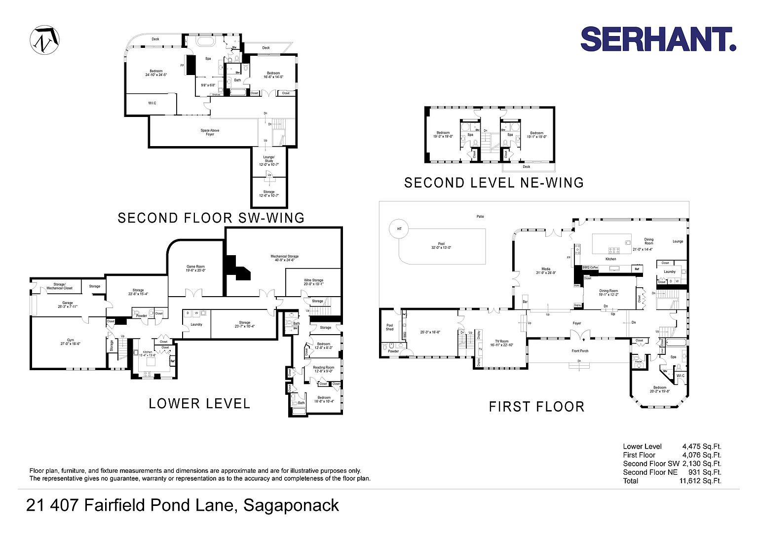 This image displays a comprehensive architectural floor plan for a large residential property located at 21 407 Fairfield Pond Lane, Sagaponack. The layout is divided into four distinct sections: the Lower Level, First Floor, Second Floor SW-Wing, and Second Floor NE-Wing, detailing the placement of bedrooms, bathrooms, living areas, and utility spaces. The diagram provides a clear, top-down technical overview of the home's expansive design, including square footage breakdowns for each level.