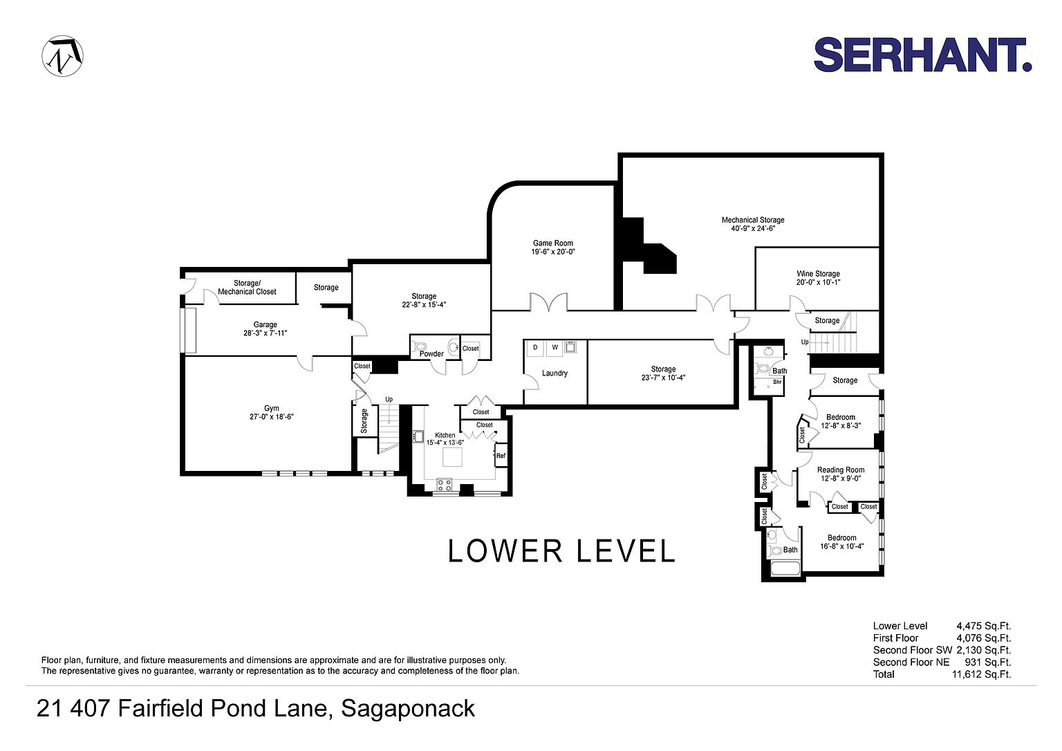 This image displays a detailed architectural floor plan for the lower level of a large residence. The layout includes a garage, gym, game room, laundry room, multiple storage areas, and a guest wing with two bedrooms and a bathroom. The plan provides a clear, top-down perspective of the spatial organization and dimensions for this expansive subterranean level.
