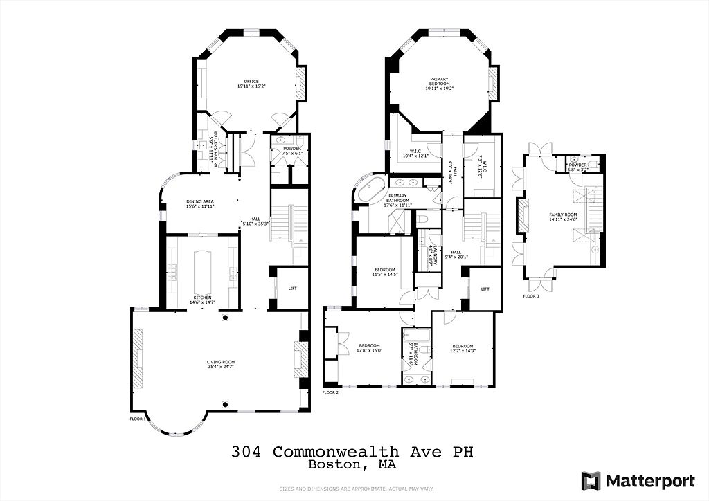 This image is a detailed three-level floor plan for a penthouse residence located at 304 Commonwealth Ave in Boston, MA. The layout illustrates the spatial arrangement of various rooms, including a living room, kitchen, dining area, office, multiple bedrooms, bathrooms, and a family room. The schematic provides a clear top-down perspective of the property's architectural flow and room dimensions.