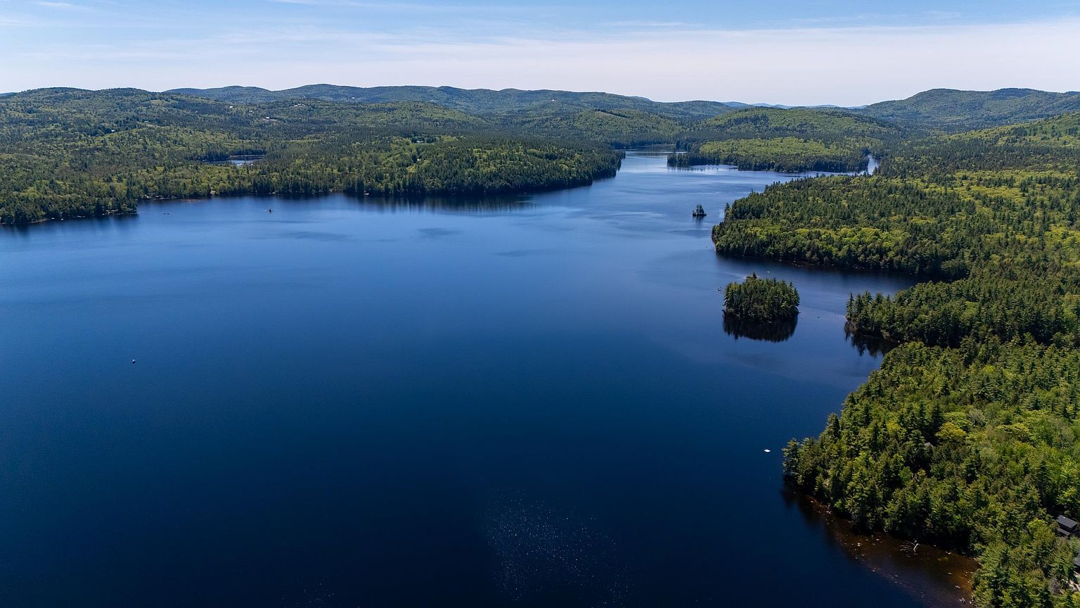 This high-angle aerial view captures a serene, expansive lake surrounded by dense, lush green forests and rolling hills under a clear blue sky. The perspective emphasizes the vastness of the natural landscape, highlighting the calm water, a small island, and the heavily wooded shoreline. It provides a tranquil and picturesque setting, ideal for showcasing a property's proximity to nature and waterfront access.
