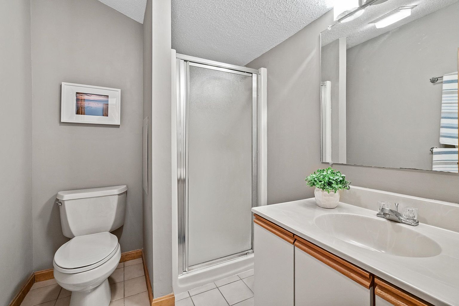 This compact bathroom features a neutral gray color palette, a single-sink vanity with light-toned wood trim, and a walk-in shower with a glass door. A framed piece of art hangs above the toilet, while a large mirror above the vanity enhances the sense of space. The room is finished with light-colored floor tiles and a simple, functional layout.