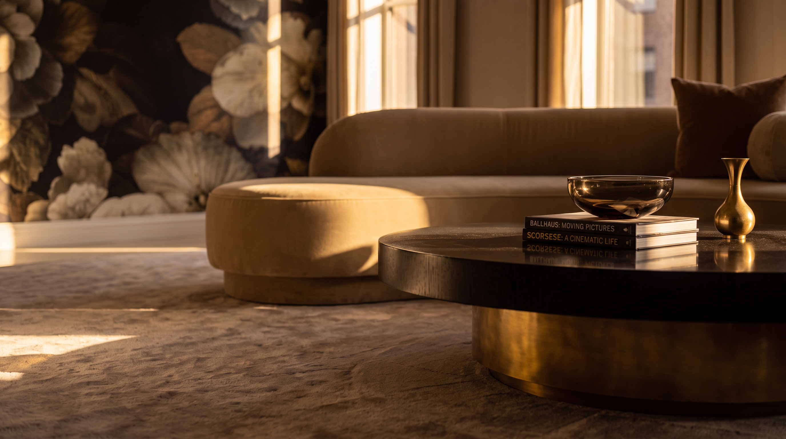 This sophisticated living room features a large, curved sectional sofa in a neutral tone, complemented by a pair of rounded armchairs and a matching ottoman. The space is anchored by a circular area rug and two tiered coffee tables, set against a backdrop of tall windows draped in floor-length curtains. A striking floral mural on the far wall adds a dramatic artistic element, while recessed ceiling lighting and a crystal chandelier provide elegant illumination.