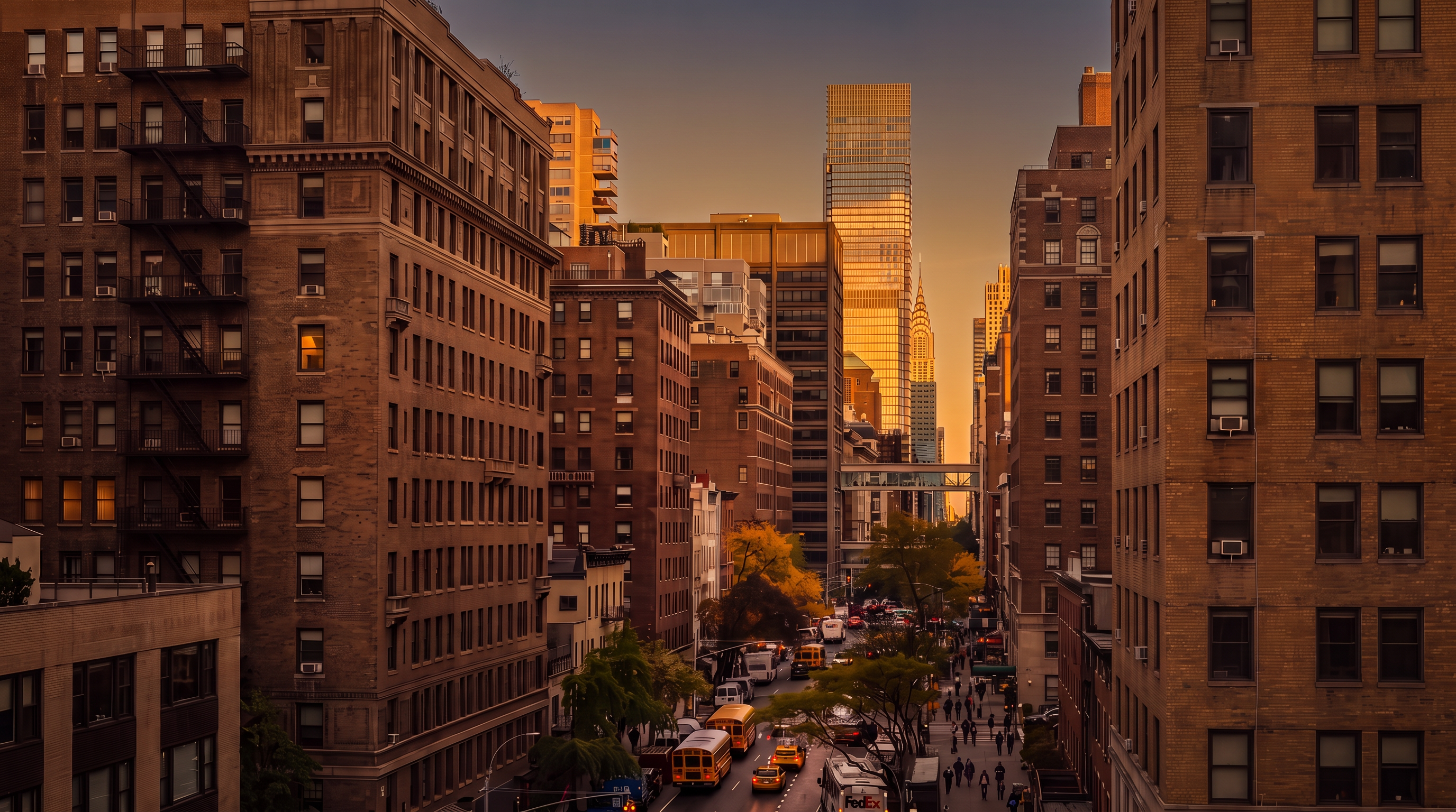 This image is taken from a balcony or interior room looking out over a bustling New York City street, showcasing iconic architecture including the Chrysler Building. The perspective emphasizes the urban luxury setting, highlighting both the immediate proximity to city life and a refined, elevated vantage point. The scene conveys a sophisticated, high-end metropolitan lifestyle perfect for a premier city residence.