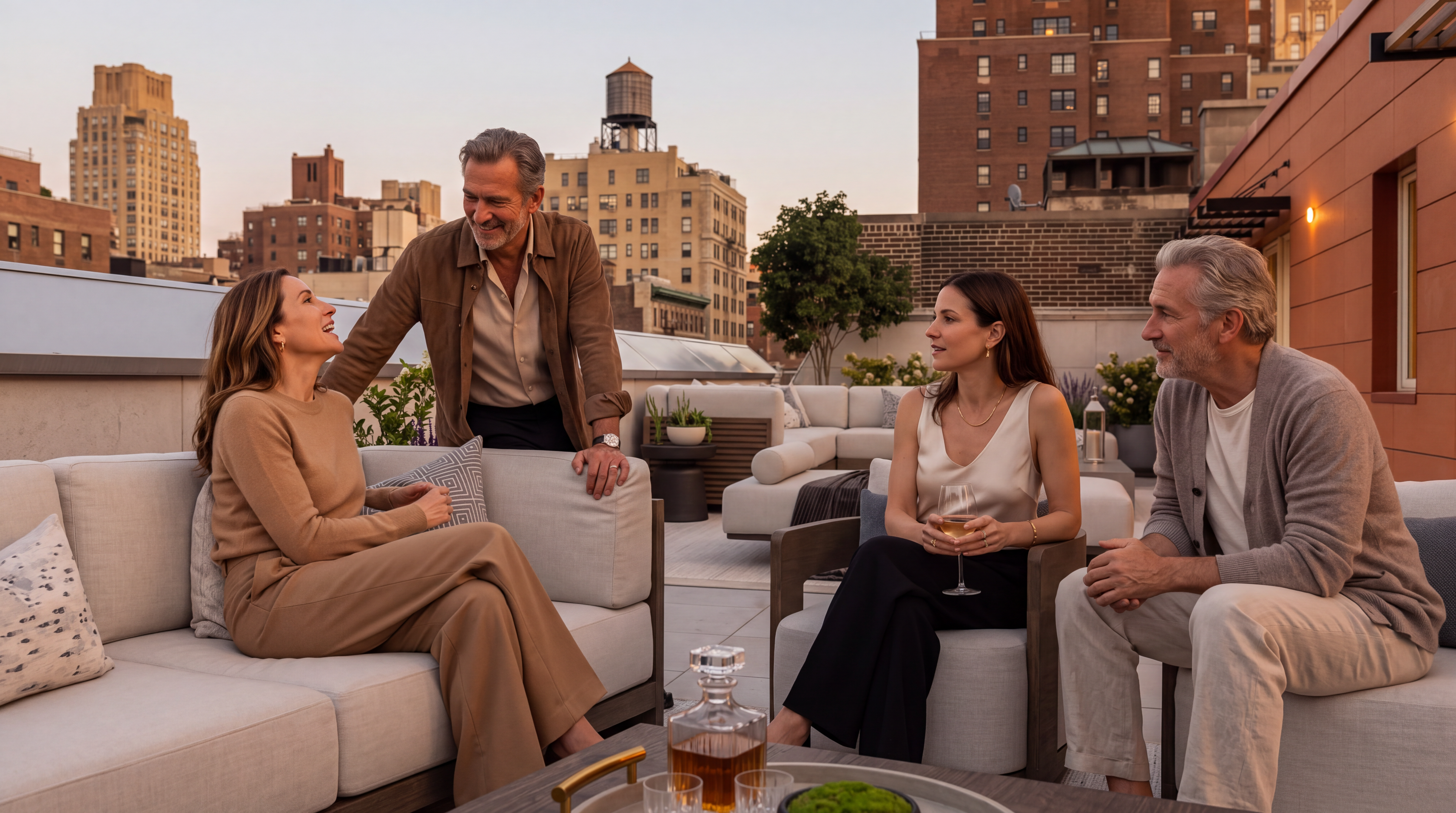 This expansive rooftop terrace features a modern, orange-toned exterior structure with large glass doors and windows that open onto a spacious outdoor living area. The space is furnished with contemporary white sofas, armchairs, and a large dining set, all arranged on a light-colored paved surface. The setting offers a panoramic view of the surrounding city skyline, creating a sophisticated and airy urban retreat.
