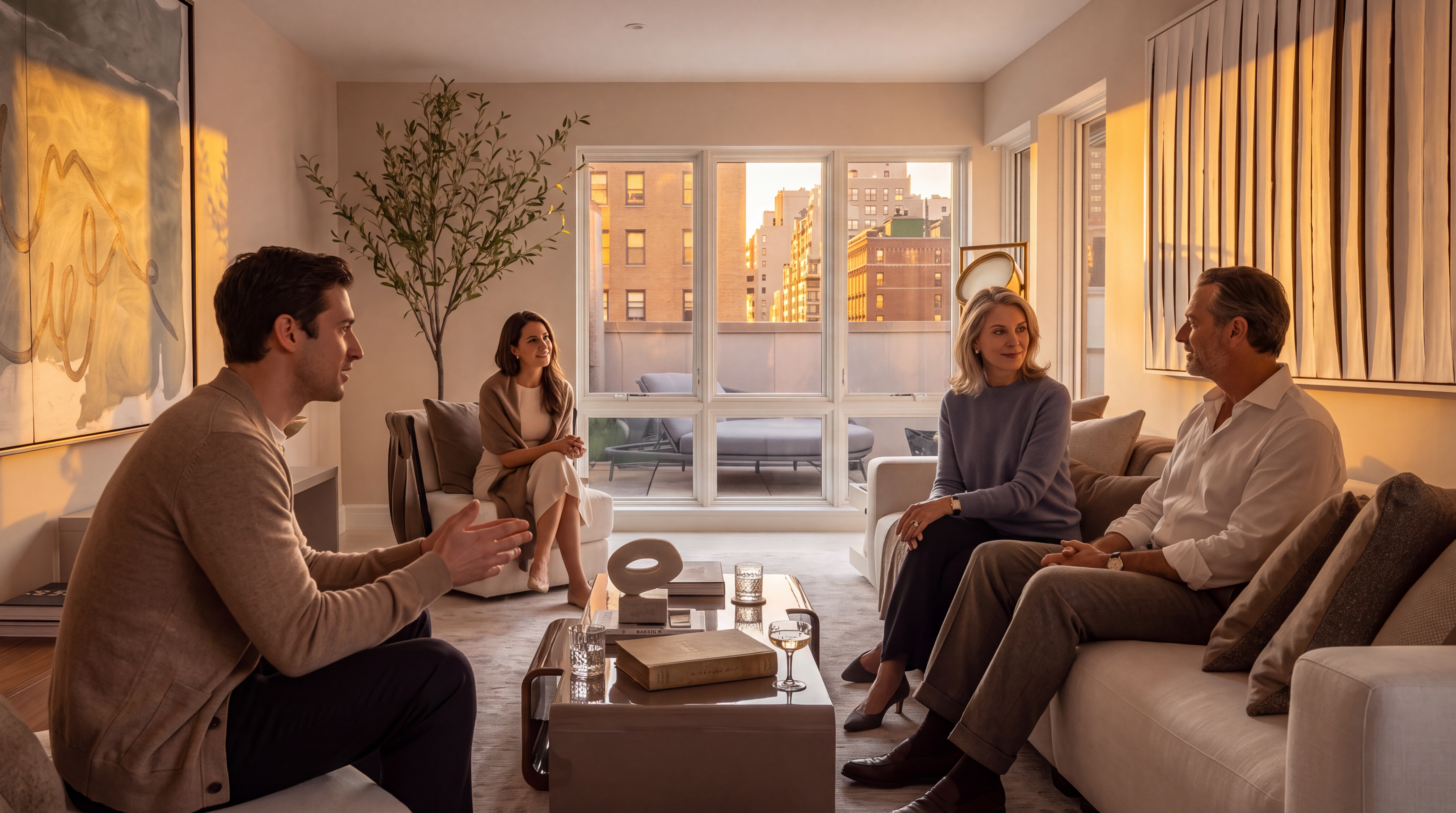 This sophisticated living room features a neutral color palette with a large, plush white sofa and a matching armchair, centered around a sleek, low-profile coffee table. The space is accented by two large-scale abstract art pieces on opposing walls and a decorative olive tree, all illuminated by recessed lighting within a tray ceiling. Large windows at the far end of the room provide natural light and a view of the urban exterior, creating an airy and refined atmosphere.
