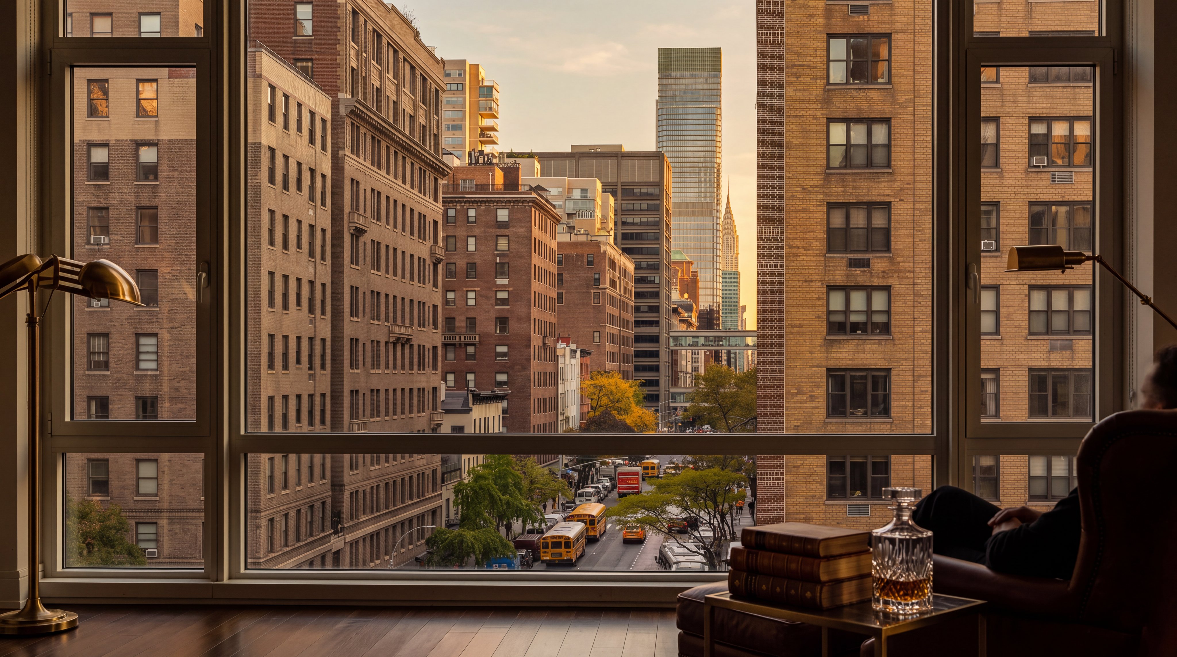 This elevated street-level view captures a dense urban cityscape in New York, featuring a mix of historic brick apartment buildings and modern glass skyscrapers. The scene highlights a bustling street below filled with yellow school buses and traffic, framed by mature trees with autumn foliage. The perspective provides a sense of the vibrant metropolitan environment and the architectural diversity of the neighborhood.