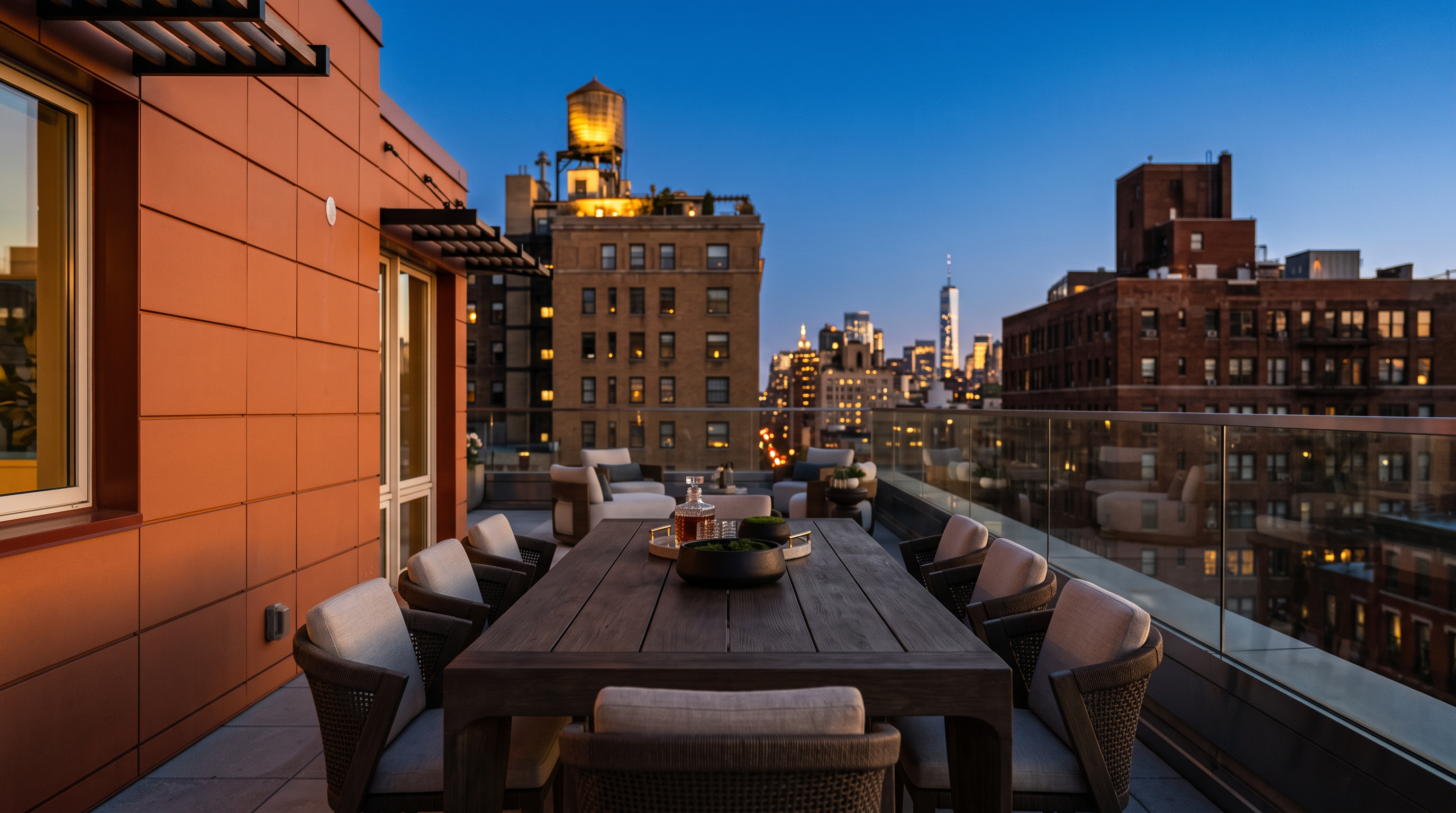 This expansive rooftop terrace features a modern, orange-toned exterior structure with large glass doors and windows that open onto a spacious outdoor living area. The space is furnished with contemporary white sofas, armchairs, and a large dining set, all arranged on a light-colored paved surface. The setting offers a panoramic view of the surrounding city skyline, creating a sophisticated and airy urban retreat.