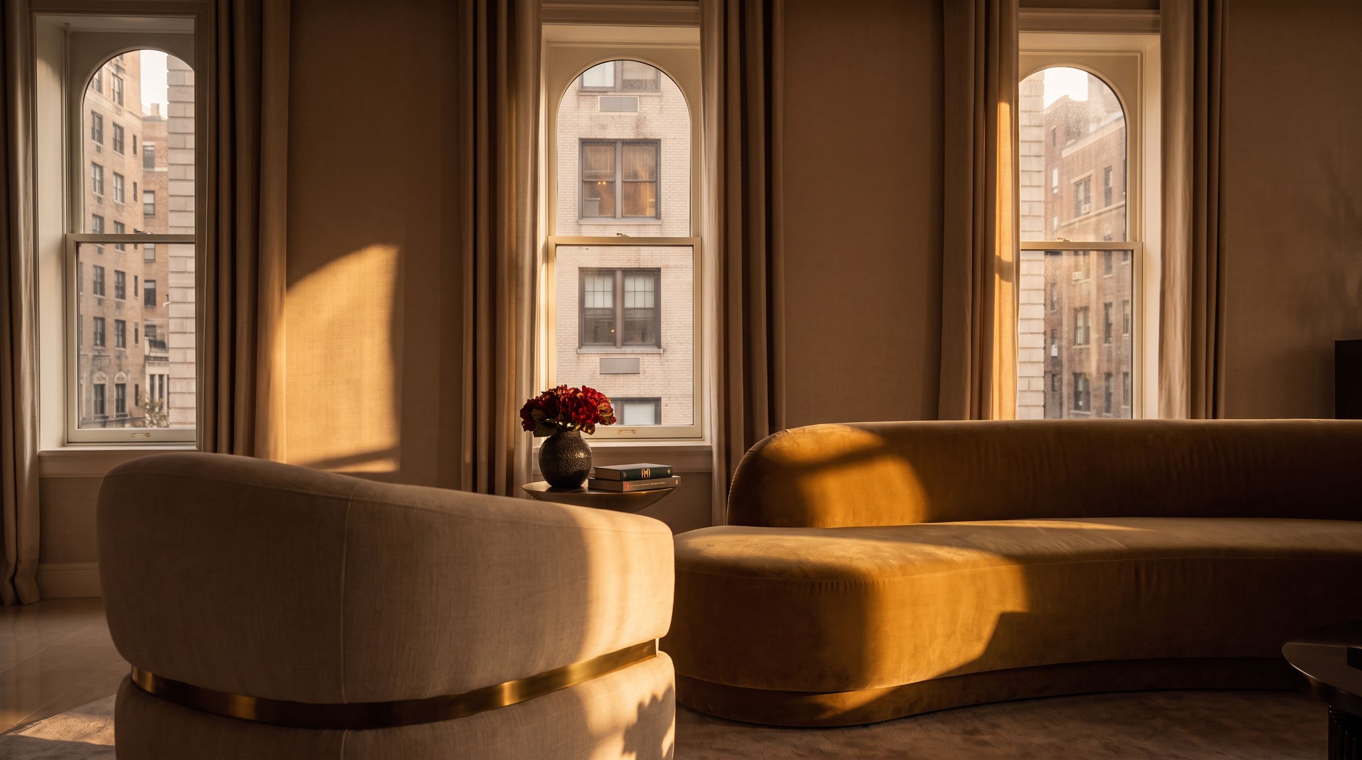 This expansive, light-filled living room features a sophisticated neutral palette with a large, curved sectional sofa and matching armchairs arranged on a circular area rug. The space is defined by high ceilings with intricate molding, polished stone flooring, and multiple tall windows draped in floor-length curtains that allow for abundant natural light. A central coffee table and two small ottomans complete the seating area, while a dining space is visible in the background, creating an open and airy atmosphere suitable for luxury entertaining.
