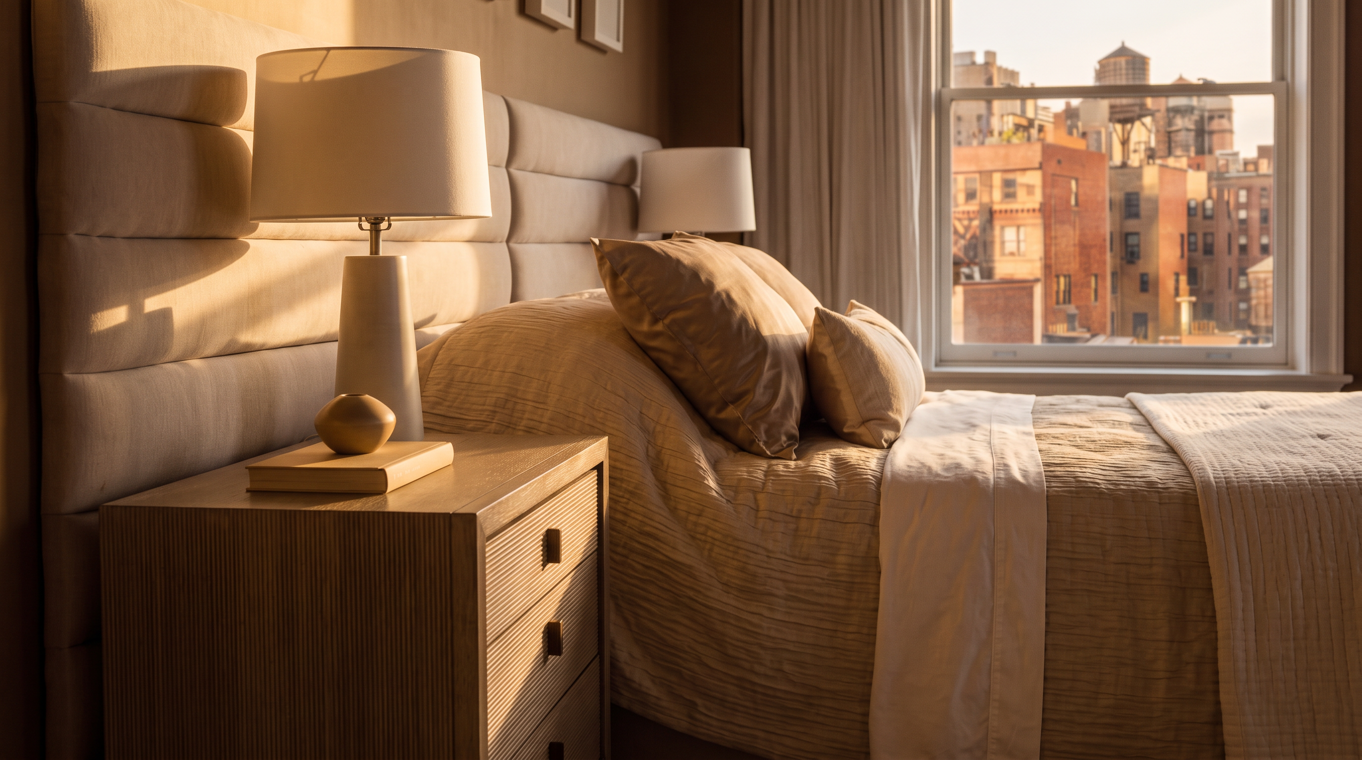 This elegant primary bedroom features a neutral color palette with a large, upholstered headboard spanning the width of the wall, accented by a series of framed art pieces. A plush, chevron-patterned rug anchors the space, while a large window with sheer curtains provides ample natural light and an urban view. The room is furnished with light wood nightstands, a modern pendant light, and a comfortable armchair, creating a sophisticated and serene atmosphere.