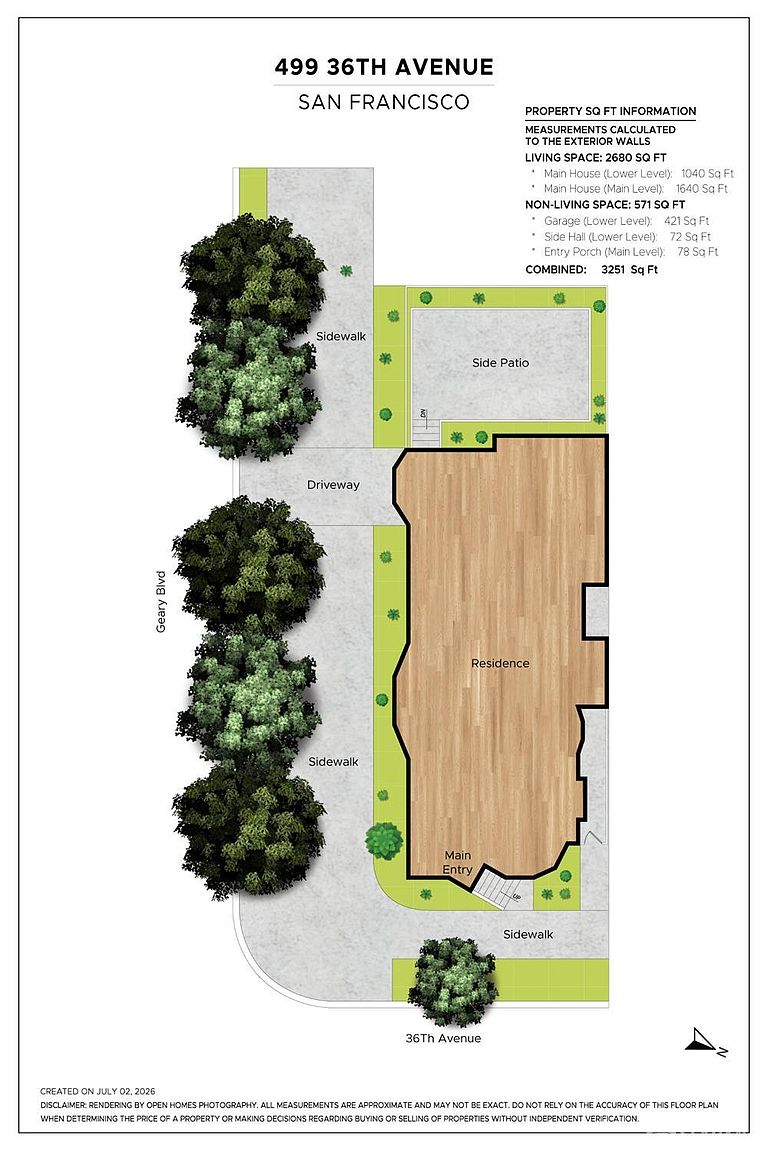 This image is a detailed site plan and floor plan rendering for a property located at 499 36th Avenue in San Francisco. The graphic illustrates the layout of the residence, driveway, side patio, and surrounding landscaping from an overhead perspective. It includes a comprehensive breakdown of the living and non-living square footage for both the main and lower levels.