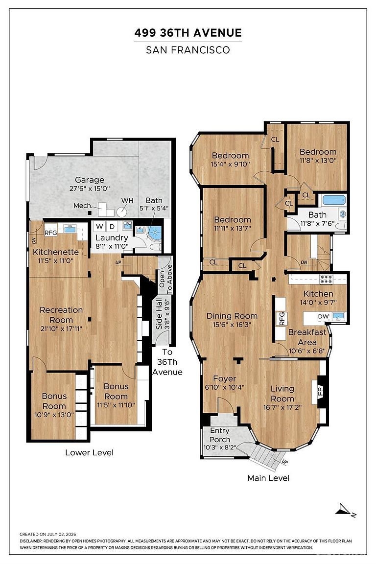 This image is a detailed two-level floor plan for a property located at 499 36th Avenue in San Francisco. The layout illustrates the spatial arrangement of the lower level, which includes a garage, recreation room, and bonus rooms, alongside the main level featuring a living room, dining room, kitchen, and multiple bedrooms. The diagram provides a comprehensive overview of the home's flow, room dimensions, and structural configuration.