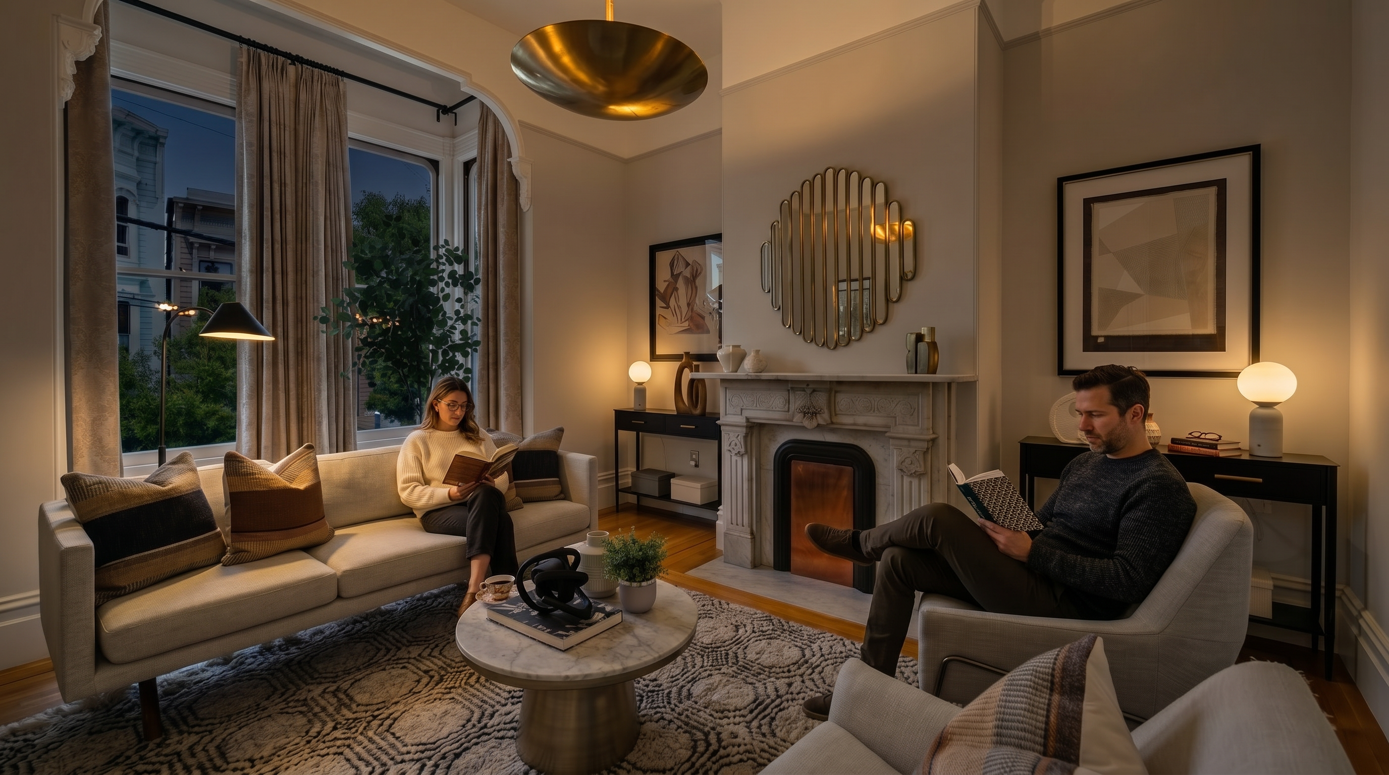 This elegant living room features a sophisticated blend of modern and classic design, anchored by a marble fireplace and a large, patterned area rug. The space is furnished with a plush light-colored sofa and matching armchairs, complemented by a brass pendant light and sleek black console tables. Large bay windows flood the room with natural light, creating an inviting and airy atmosphere perfect for high-end residential living.